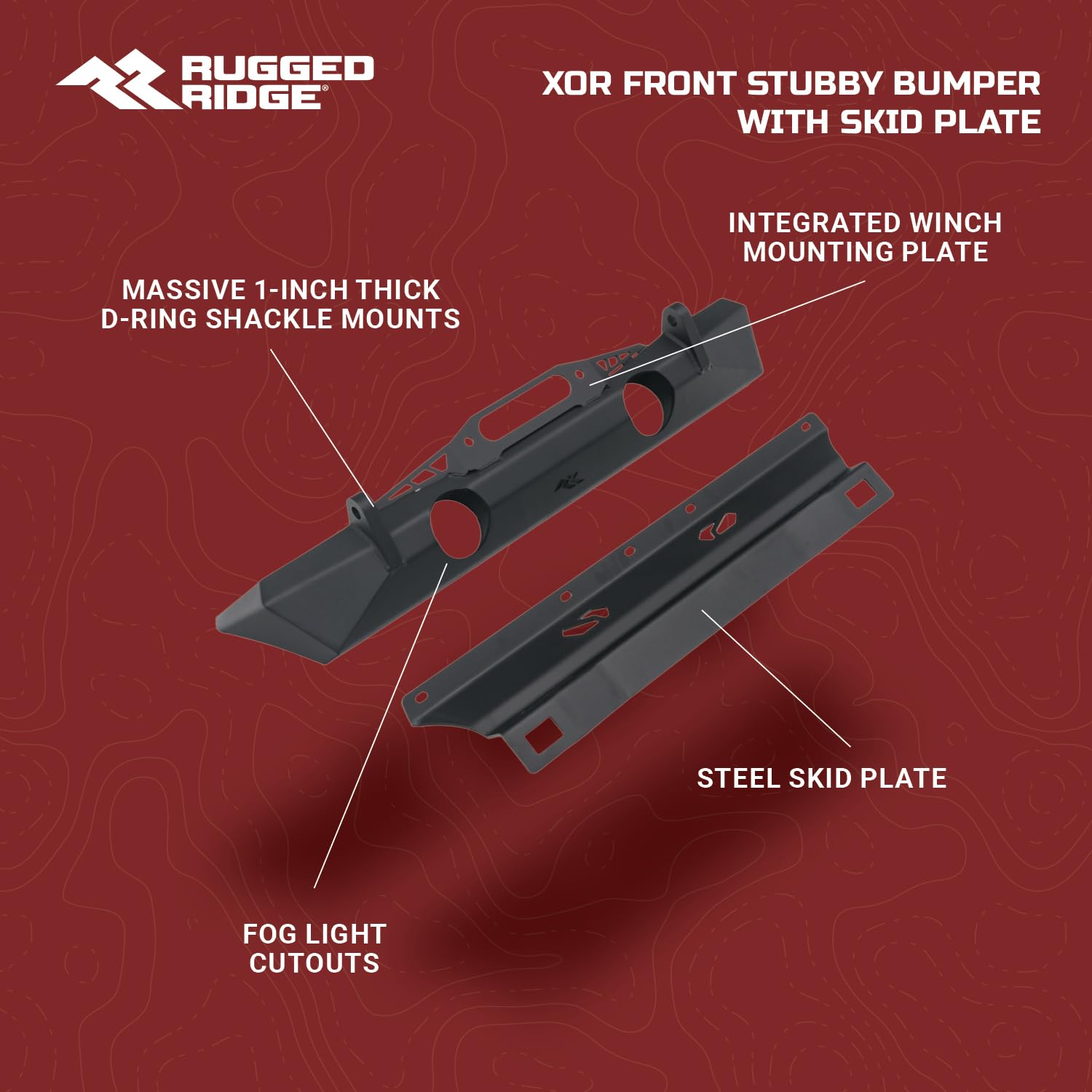 Front Rugged Ridge XOR Bumper for Jeep Wrangler/Gladiator | Stubby w/Skid Plate, Steel, Black | 11541.21 | Fits 2018-2025 Jeep Wrangler JL; 2020-2025 Jeep Gladiator JT