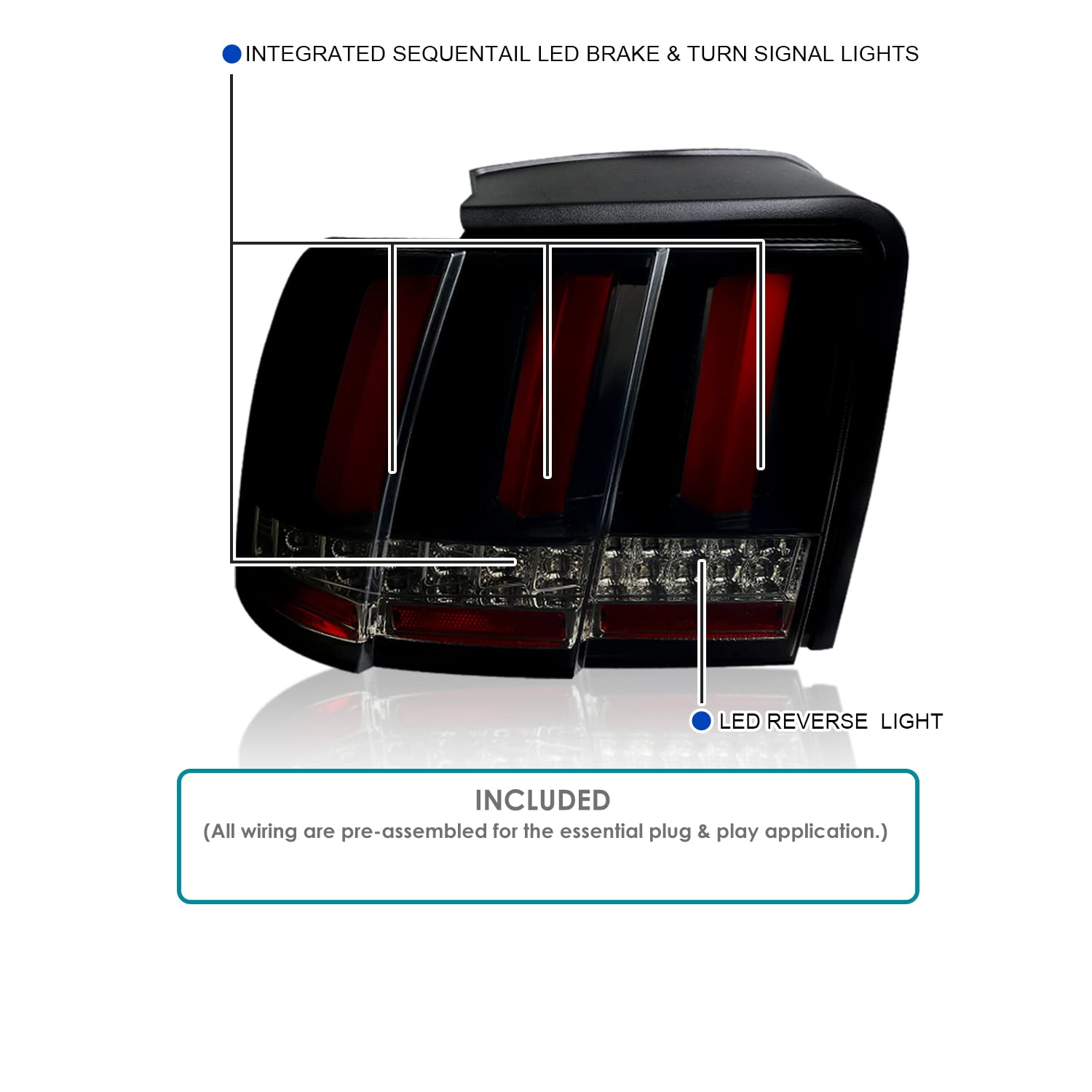 Glossy Black Smoke SPEC-D TUNING Sequential LED Bar Tail Lights Compatible with 1999-2004 Ford Mustang, Left + Right Pair Assembly
