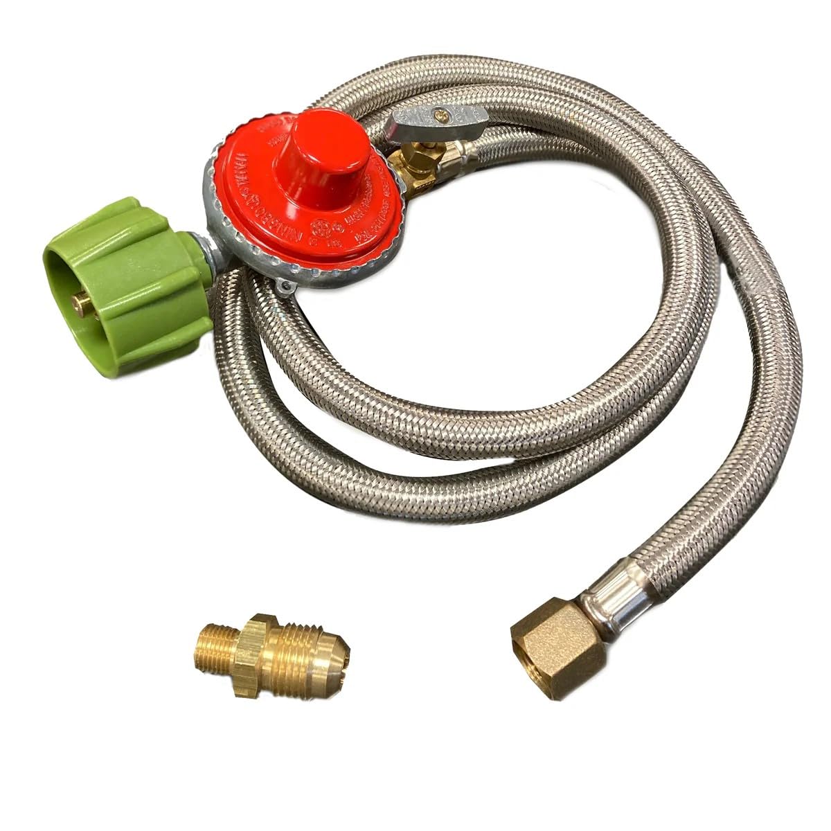 M5HPR Bayou Classic 36-in Stainless Braided LPG Hose w/ 5-psi Adjustable High Pressure Regulator Features 1/8-in Male Orifice Connector Designed Cookers