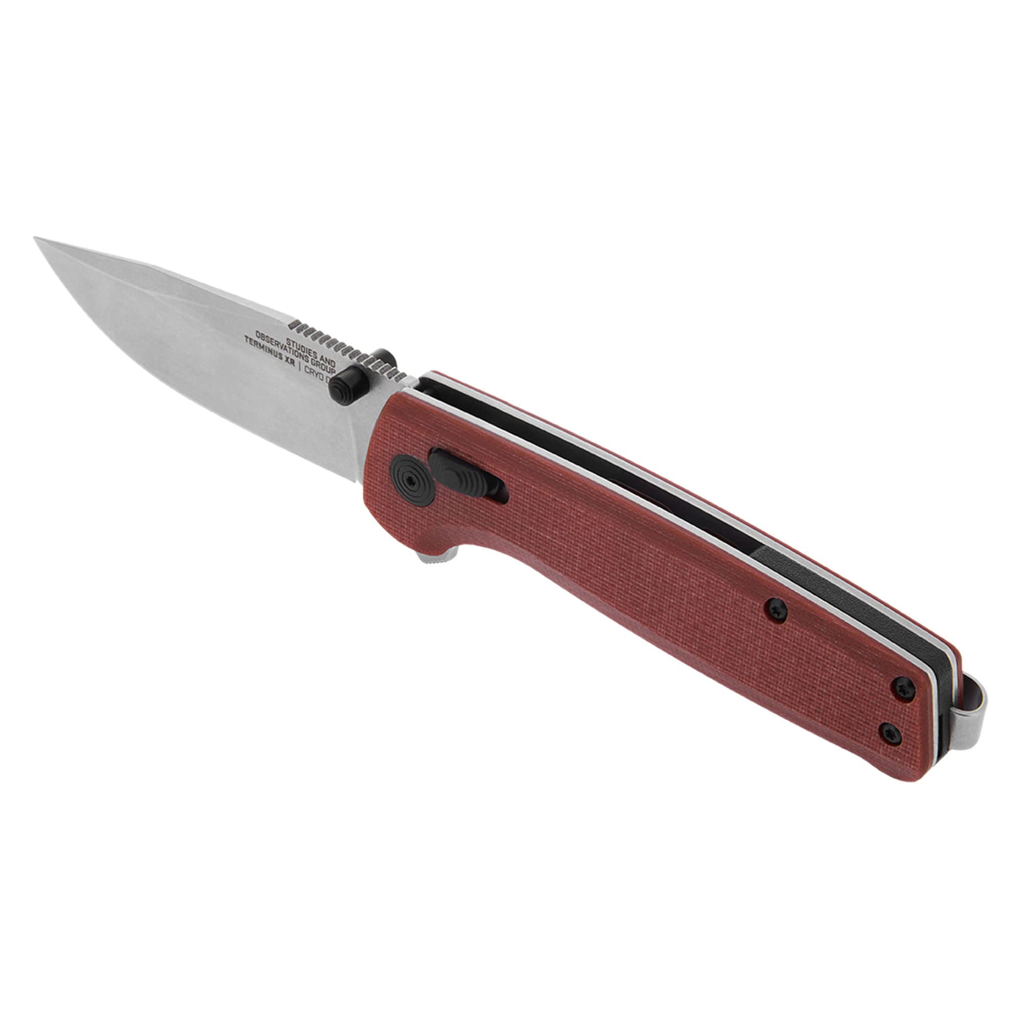 SOG Folding Pocket Knife Terminus XR G10- Ambidextrous EDC Knife with Adjustable Belt Clip, G10 Handle, and Stonewashed Hardware- Crimson (TM1023-CP)