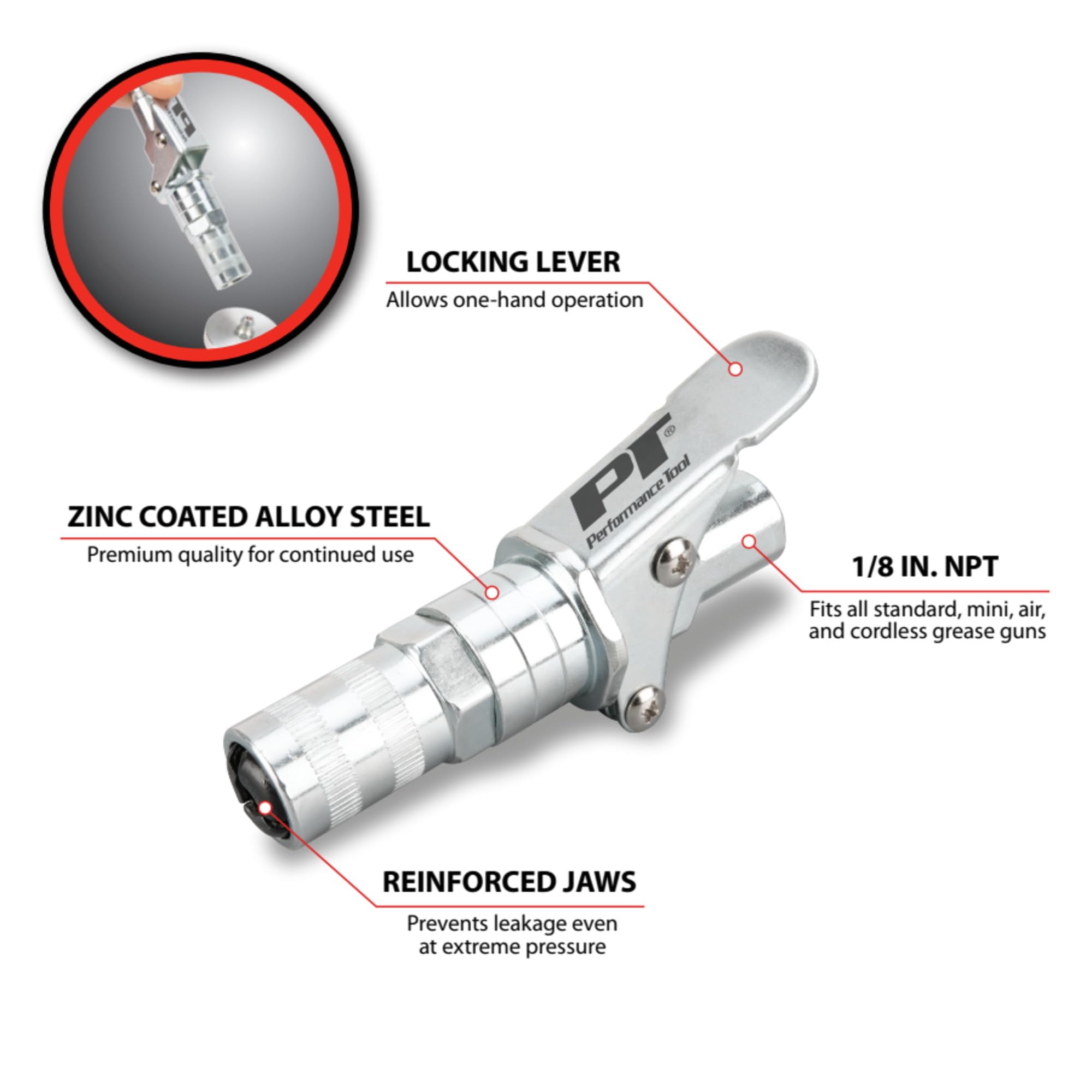 Heavy Duty Performance Tool W54238 Grease Coupler for Grease Guns, 12,000 PSI, Zinc Coated Alloy Steel, Smooth Retraction Mechanism, 1/8 NPT