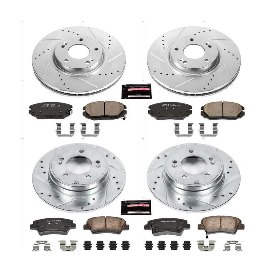 Power Stop K5474 Z23 Carbon Fiber Brake Pads Front and Rear with Drilled & Slotted Brake Rotors Kit For Hyundai Azera 2009-2011 [Model Specific]