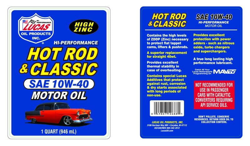 Lucas Oil 10688 SAE 10W-40 Motor Oil Hot Rod and Classic Car - 1 Quart