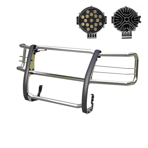 Grille Guard Kit Black Horse Modular Stainless Steel Incl. Pair of 7.0" Dia. LED Lights w/Black Trim Rings w/Wiring Harness and Switch Compatible with 2003-2025 Chevrolet Express