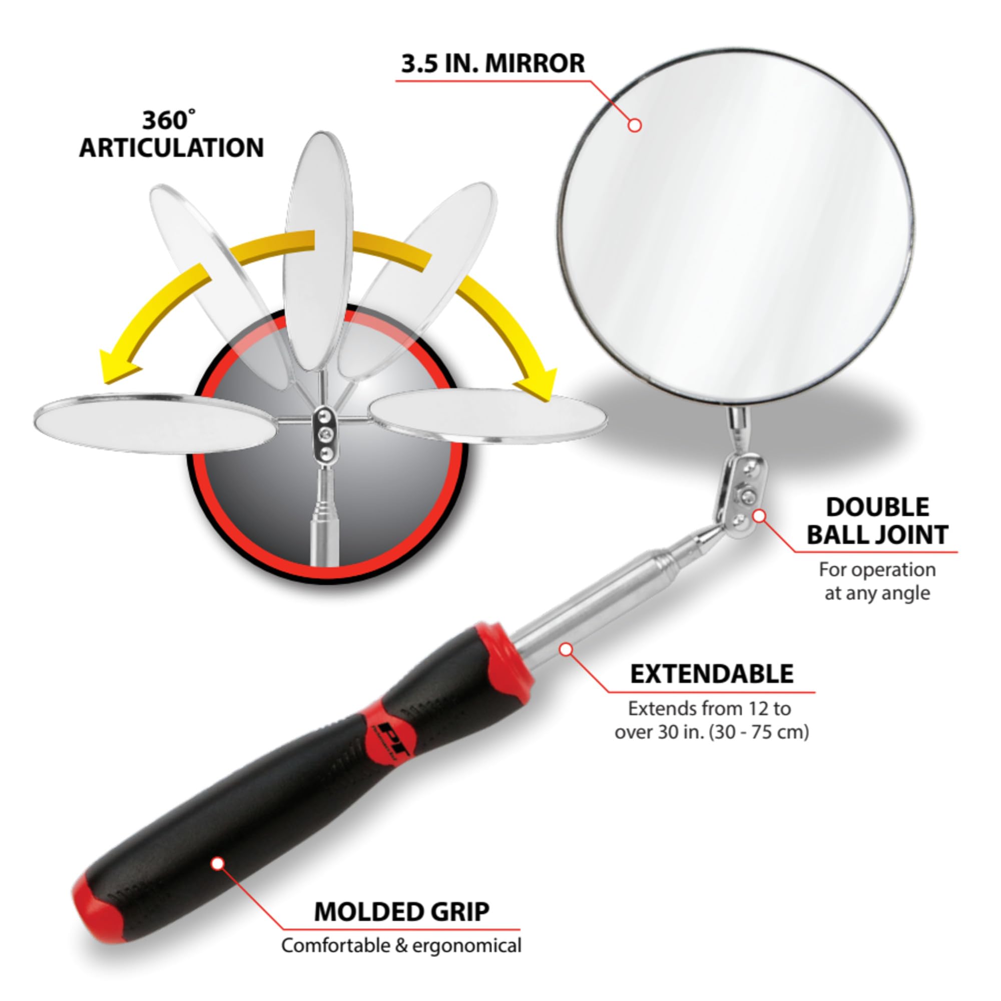 W1257 Performance Tool 3.5-Inch Jumbo Telescoping Inspection Mirror for Mechanics, Engineers, and DIY Enthusiasts - Perfect for Hard-to-Reach Areas