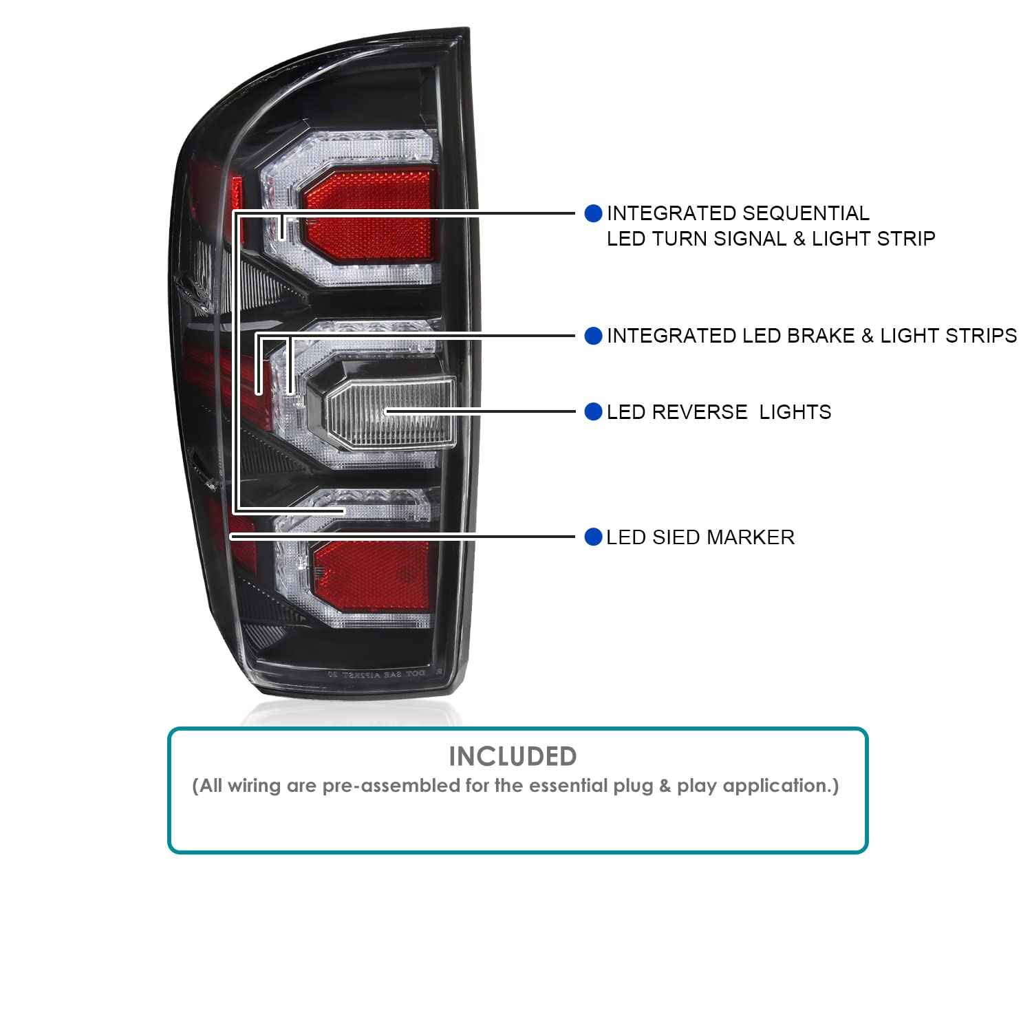 Spec-D Tuning Clear Lens Jet Black Housing LED Tail Lights w/Sequential DRL Strips Compatible with 2016-2022 Toyota Tacoma, Left + Right Pair Assembly