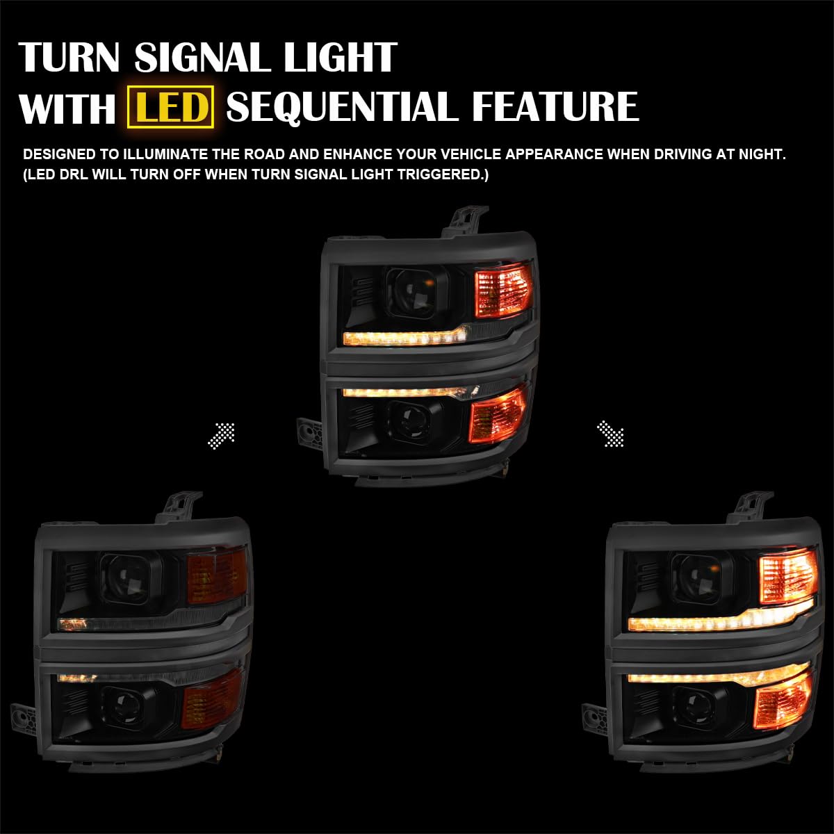 Black Smoke SPEC-D TUNING w/Black Trim Projector Headlights w/Sequential Switchback LED Strip and Startup Animation Compatible with 2014-2015 Chevy Silverado 1500, Left + Right Pair Headlamps