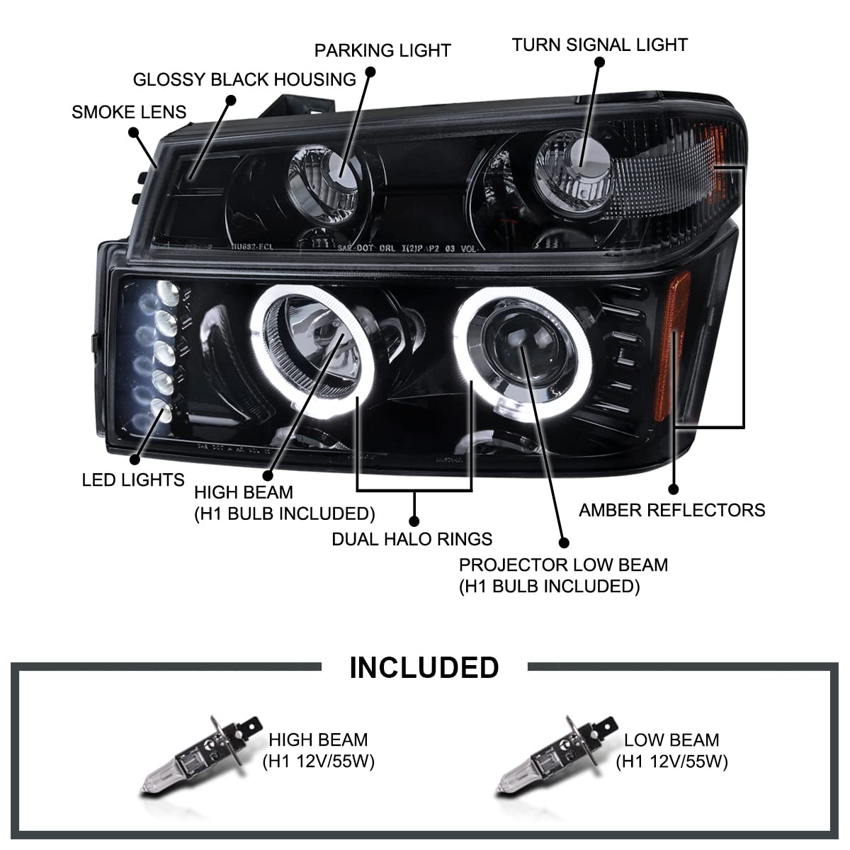 Glossy Black Smoke LED Halo Projector Headlights + Bumper Lights SPEC-D TUNING Compatible with 2004-2012 Chevy Colorado, 2004-2012 GMC Canyon, Left + Right Pair Headlamps Assembly
