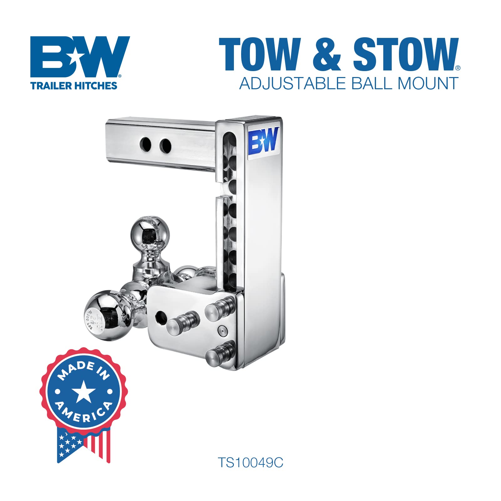 B&W Trailer Hitches Tow & Stow Chrome Adjustable Trailer Hitch Ball Mount - Fits 2" Receiver, Tri-Ball (1-7/8" x 2" x 2-5/16"), 7" Drop, 10,000 GTW - TS10049C