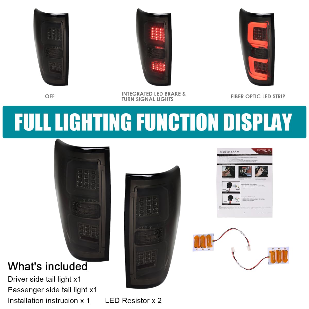 Smoke Tail Lights w/LED Bar SPEC-D TUNING Compatible with 2009-2014 Ford F150, Left + Right Pair Assembly