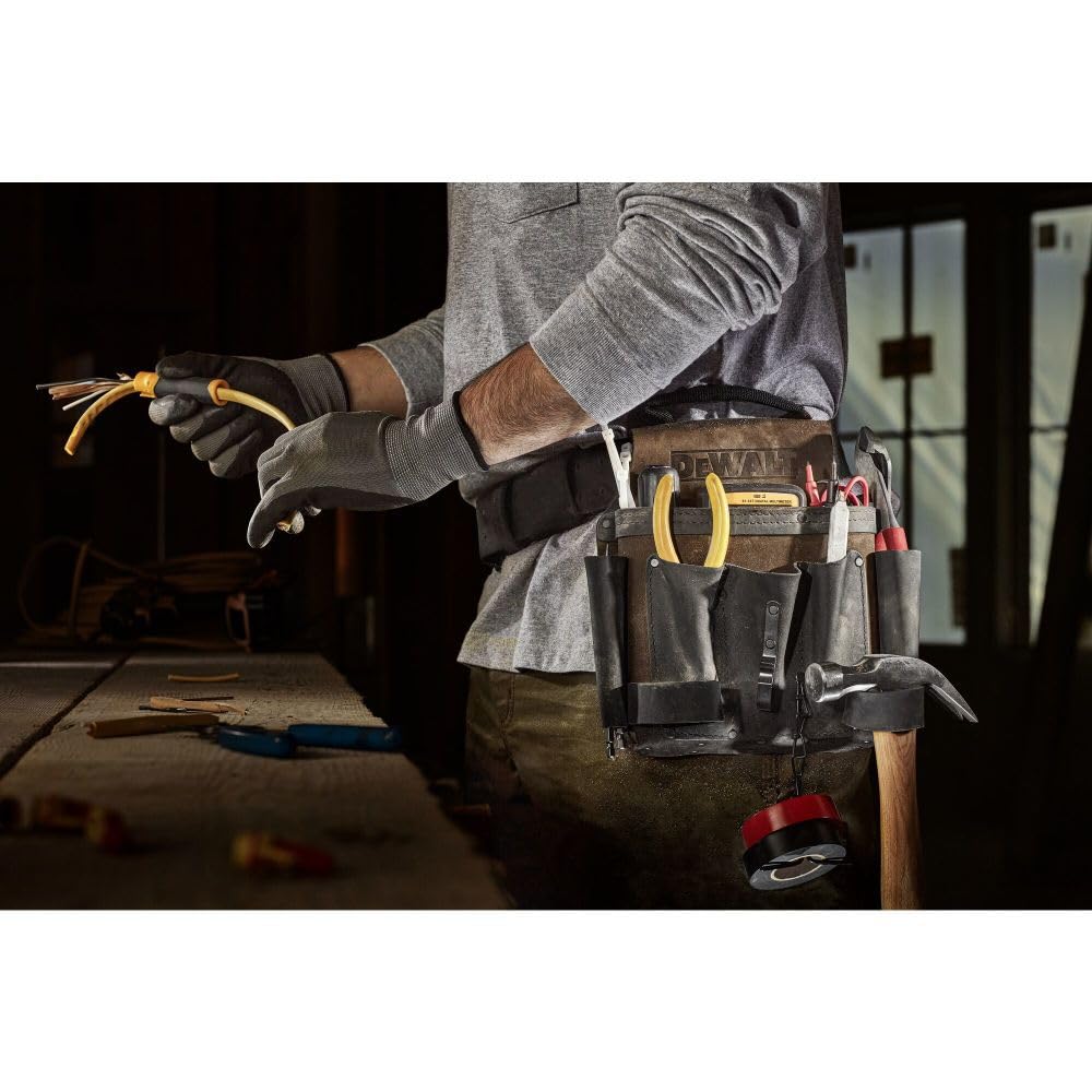 Leather DEWALT Tool Pouch for Electricians, 8 Pockets, Hammer Loops and Tape Chain (DWST550114)