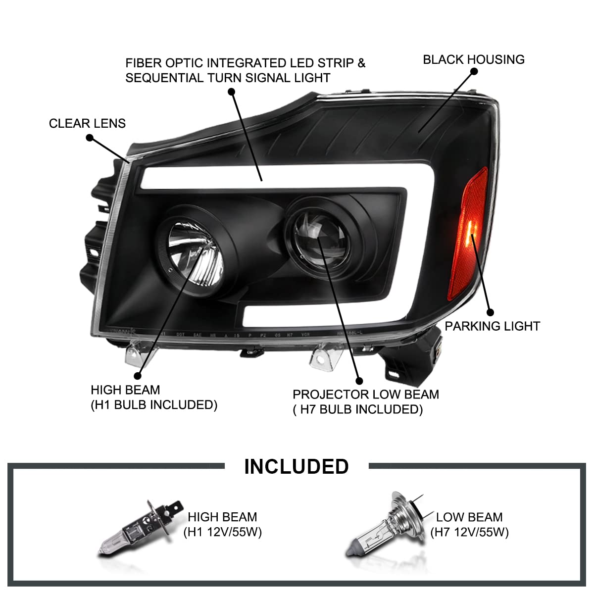 Black SPEC-D TUNING Projector Headlights w/Sequential LED Turn Signal Compatible with 2004-2015 Nissan Titan, 2004-2007 Nissan Armada, Left + Right Pair Headlamps Assembly