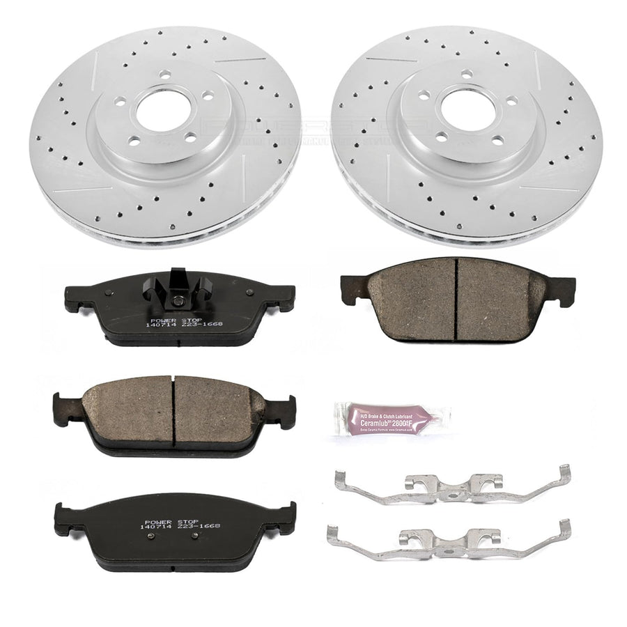 Power Stop K6479 Z23 Carbon Fiber Brake Pads with Drilled & Slotted Brake Rotors Kit For Ford Focus 2013-2014 [Model Specific]