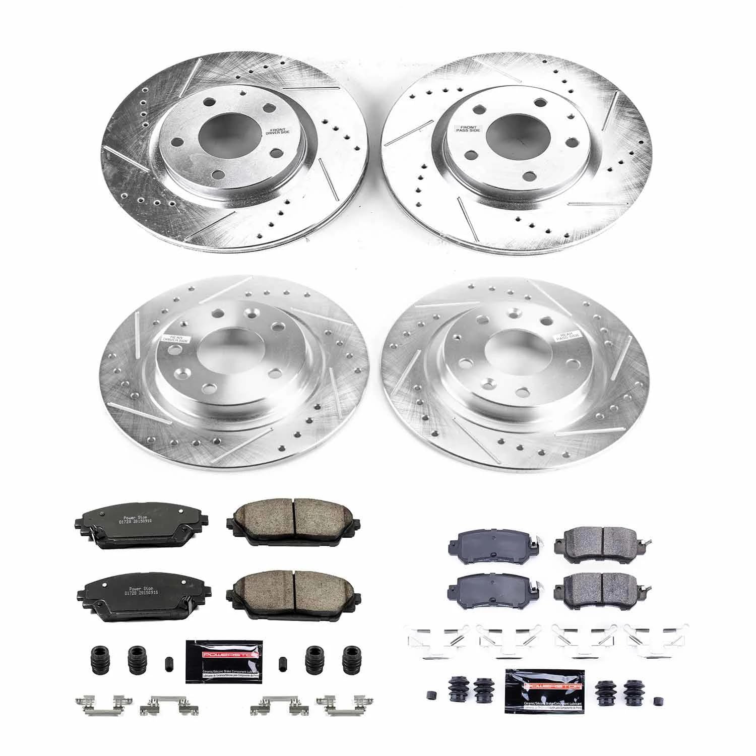 Power Stop K7607 Z23 Carbon Fiber Brake Pads Front and Rear with Drilled & Slotted Brake Rotors Kit For Mazda CX-3 2016-2018 [Model Specific]
