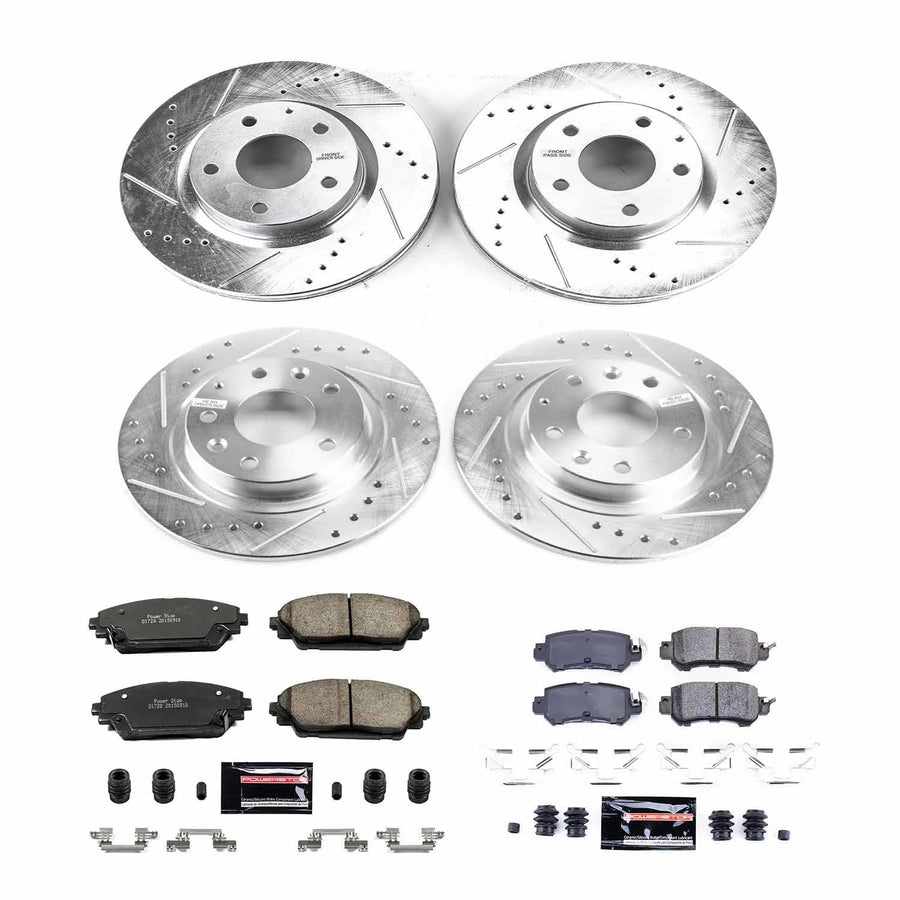 Power Stop K7607 Z23 Carbon Fiber Brake Pads Front and Rear with Drilled & Slotted Brake Rotors Kit For Mazda CX-3 2016-2018 [Model Specific]