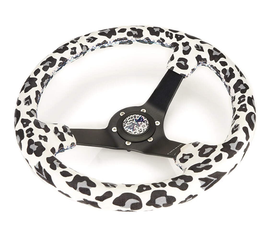 NRG Innovations Reinforced Sport Steering Wheel NRG-RST-036MB-SV-WT, 350mm (3' deep) Savage WhiteLeopard Printed Micro Fiber Vegan Material with Matte Black Spoke