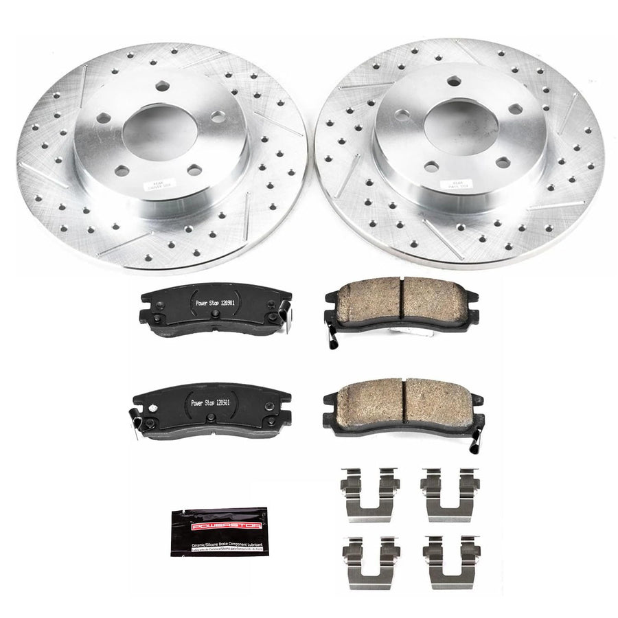 Power Stop K1526 Brake Pads Rear with Drilled Slotted Brake Rotors Kit For LeSabre, Park Avenue, Riviera, Riviera, Alla, DeVille, Eldorado, Sevi, Olds Aurora, Toron, Bonneville [Model Specific]