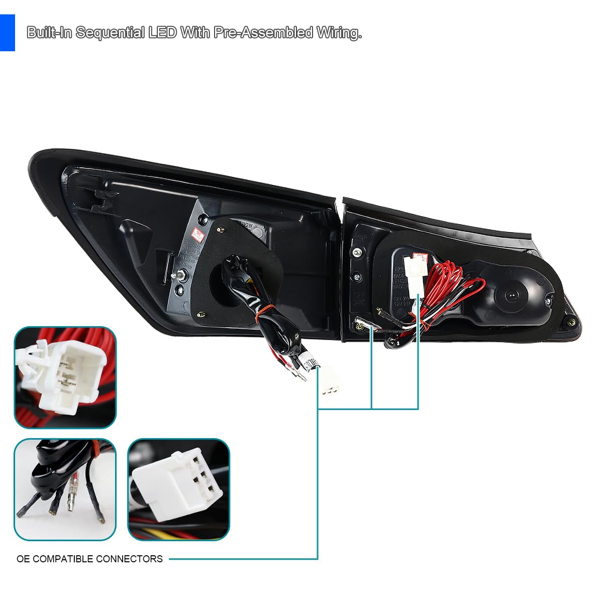 Black Tail Lights w/Red LED Bar SPEC-D TUNING Compatible with 2006-2008 Lexus IS250 IS350, Left + Right Pair Assembly