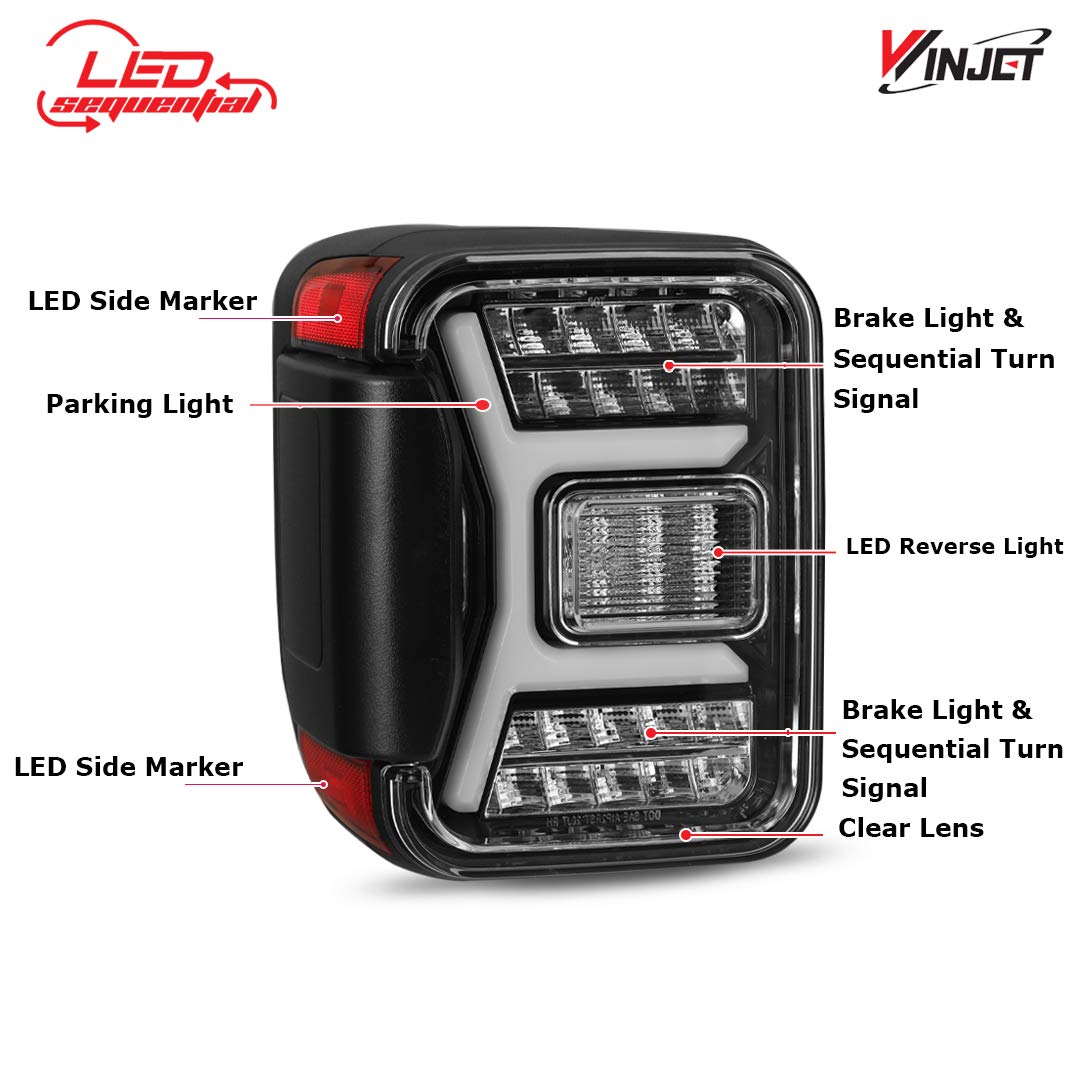 LED Tail Lights Assembly Winjet Fit For 2019 2020 2021 2022 2023 2024 2025 2026 Jeep Gladiator JT, Full Led Functional Rear Lamp Replacement w/Sequential Turn Signal (Black Housing Clear Lens)