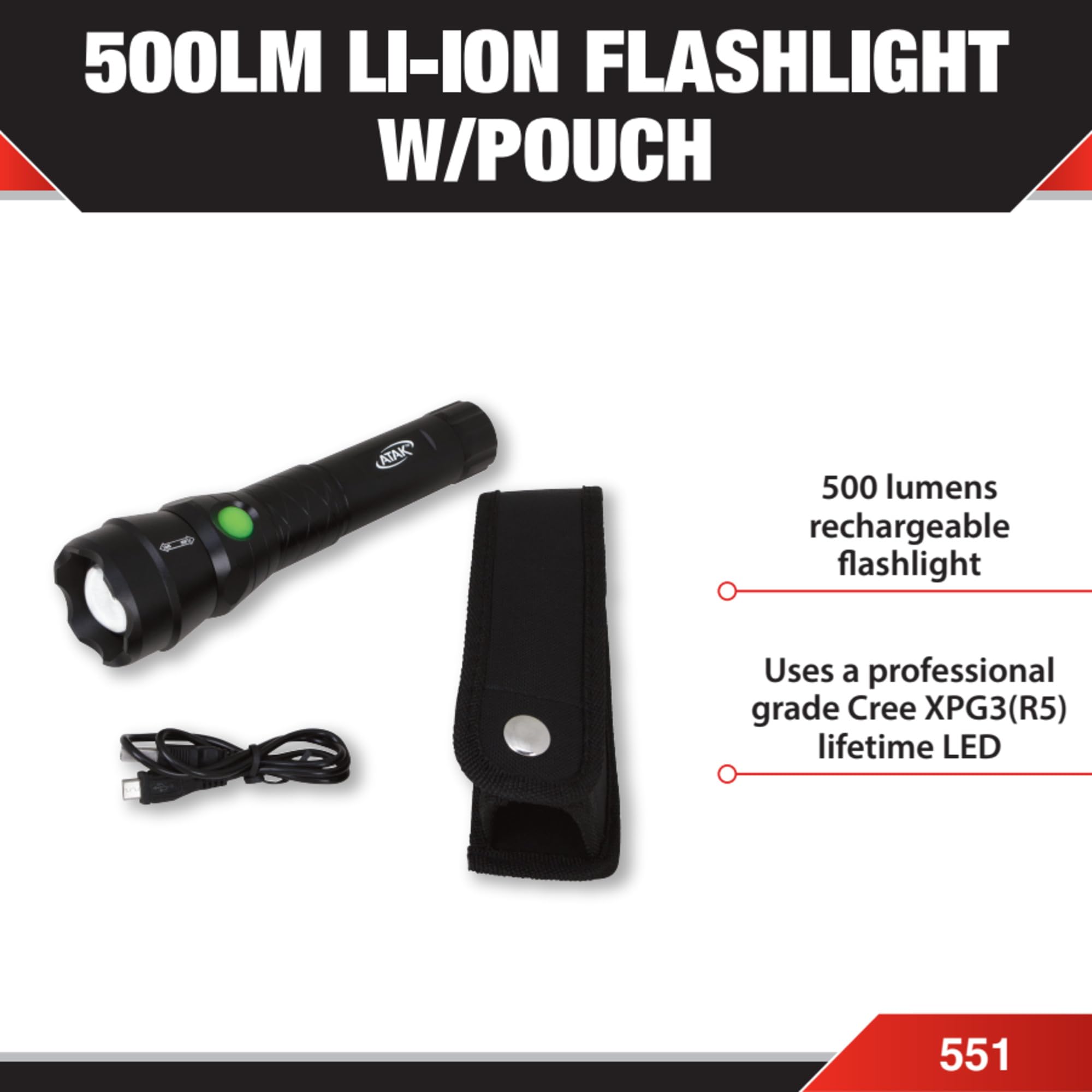 Black Performance Tool 551 Pro-Focus 500 lumens LED Lithium-Ion Rechargeable Flashlight, 500 lumens Flashlight Rechargeable