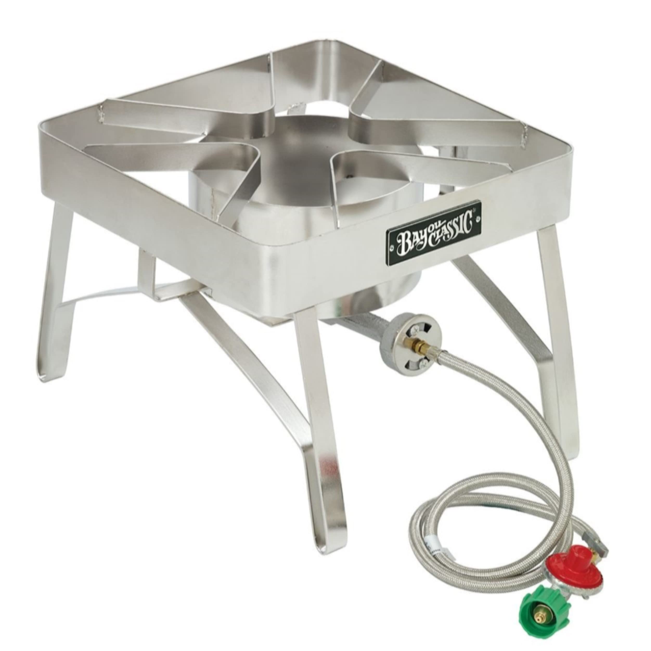 Bayou Classic 16-in SS84 Stainless Bayou Cooker Features 16-in Cooking Surface 13.25-in Tall Welded Frame 4-in Cast Aluminum Burner 10-psi Pre-Set Regulator w/ 48-in Stainless Braided Hose