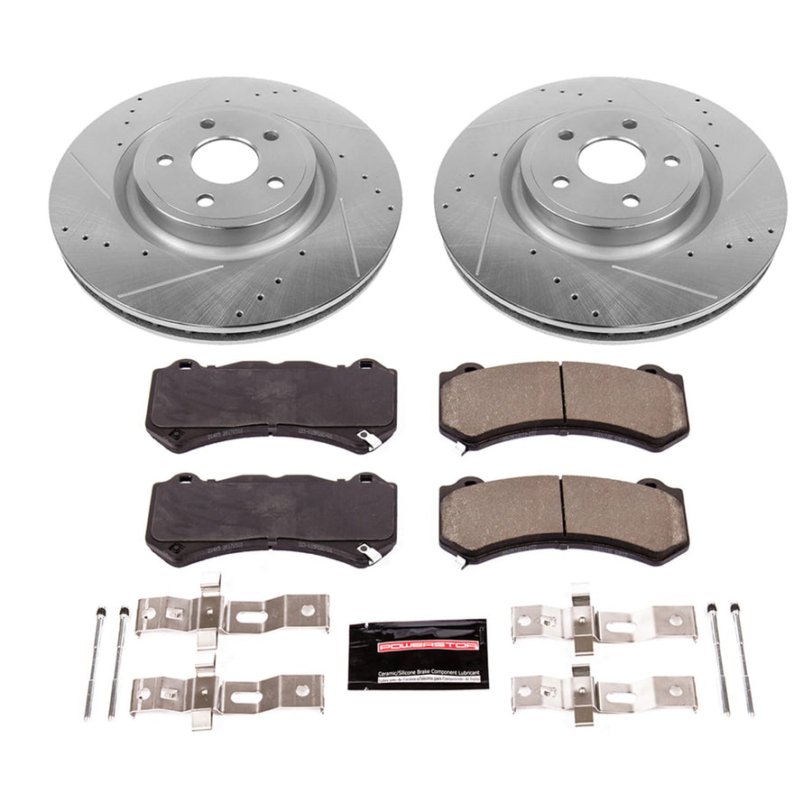 Power Stop K5957 Front Brake Pads Carbon Fiber with Drilled and Slotted Brake Rotors Kit For 2012 2013 Jeep Grand Cherokee SRT8 | 2014-2020 Jeep Grand Cherokee SRT | 2018-2020 Dodge Durango SRT