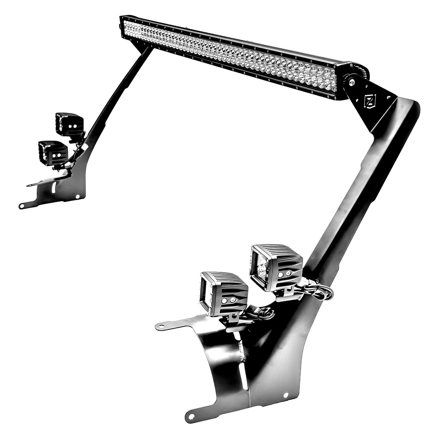 Front Roof Jeep JL, Gladiator LED Bracket to mount (1) 50 or 52 Inch Straight LED Light Bar and (4) 3 Inch LED Pod Lights - PN #Z374831-BK4