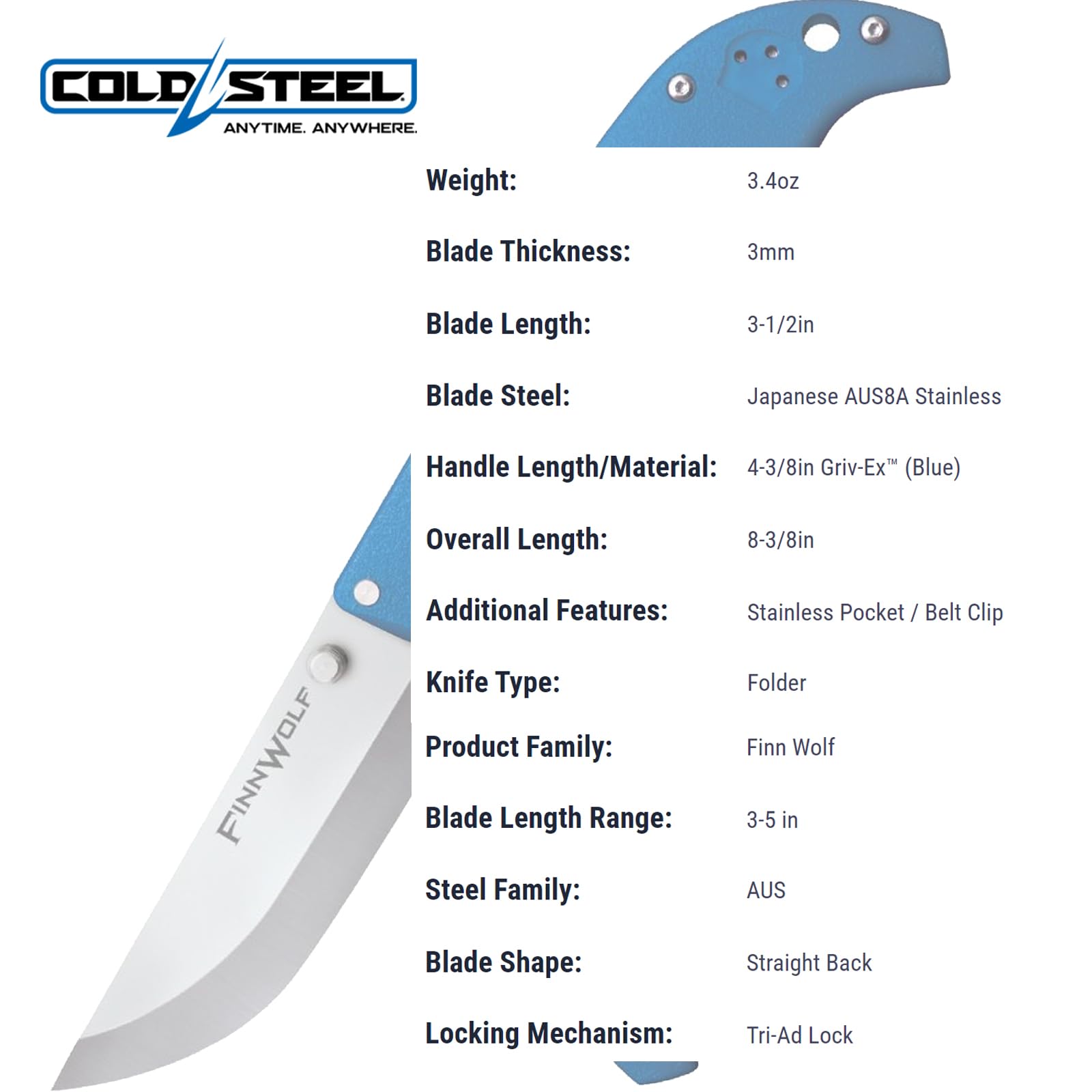 Cold Steel 3.5in Finn Wolf AUS8A Razor-Sharp Straight Back Blade 4.375in Griv-Ex Blue Handle Hunting Folding Knife, Boxed