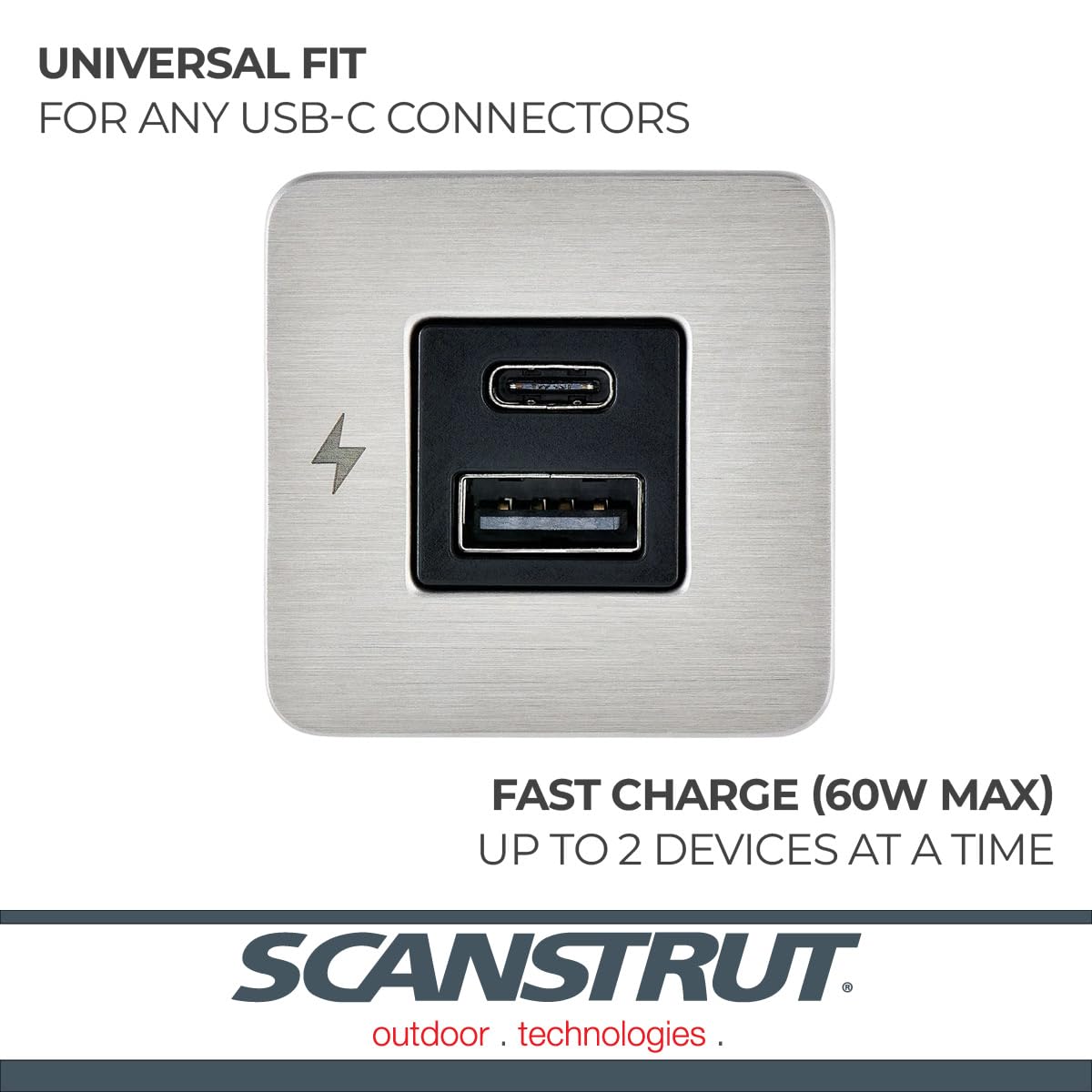 Scanstrut USB-A & USB-C SC-TILE-11 Interior Charging Socket, 12/24V Ultra-Low Profile Fast Charger, Brushed Stainless Steel Bezel, Flush-Mount USB Charger for Boats, RVs & Vehicles