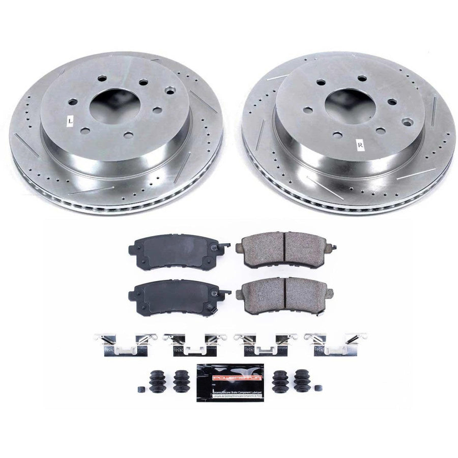 Power Stop K6323 Brake Pads Rear Z23 Carbon Fiber with Drilled & Slotted Brake Rotors Kit For INFINITI QX56 2011-2013, INFINITI QX80 2014-2020, Nissan Armada 2017-2022 [Model Specific]