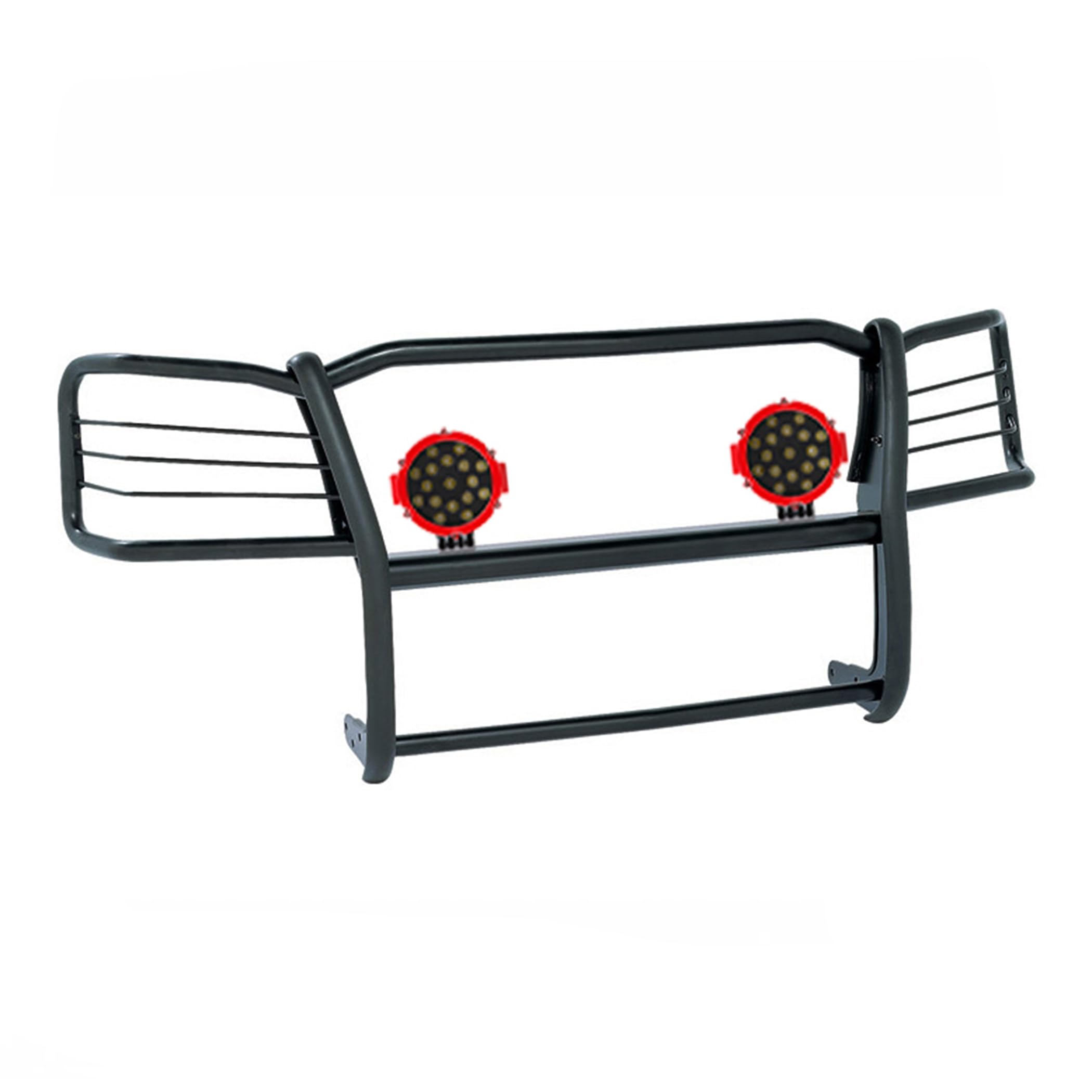 Black Horse Grille Brush Bumper Guard Black Modular Come with Pair of 7.0" Dia.LED Lights with Red Trim Rings Compatible with 1998-2004 Chevrolet S-10 Blazer-17A030200MA-PLR