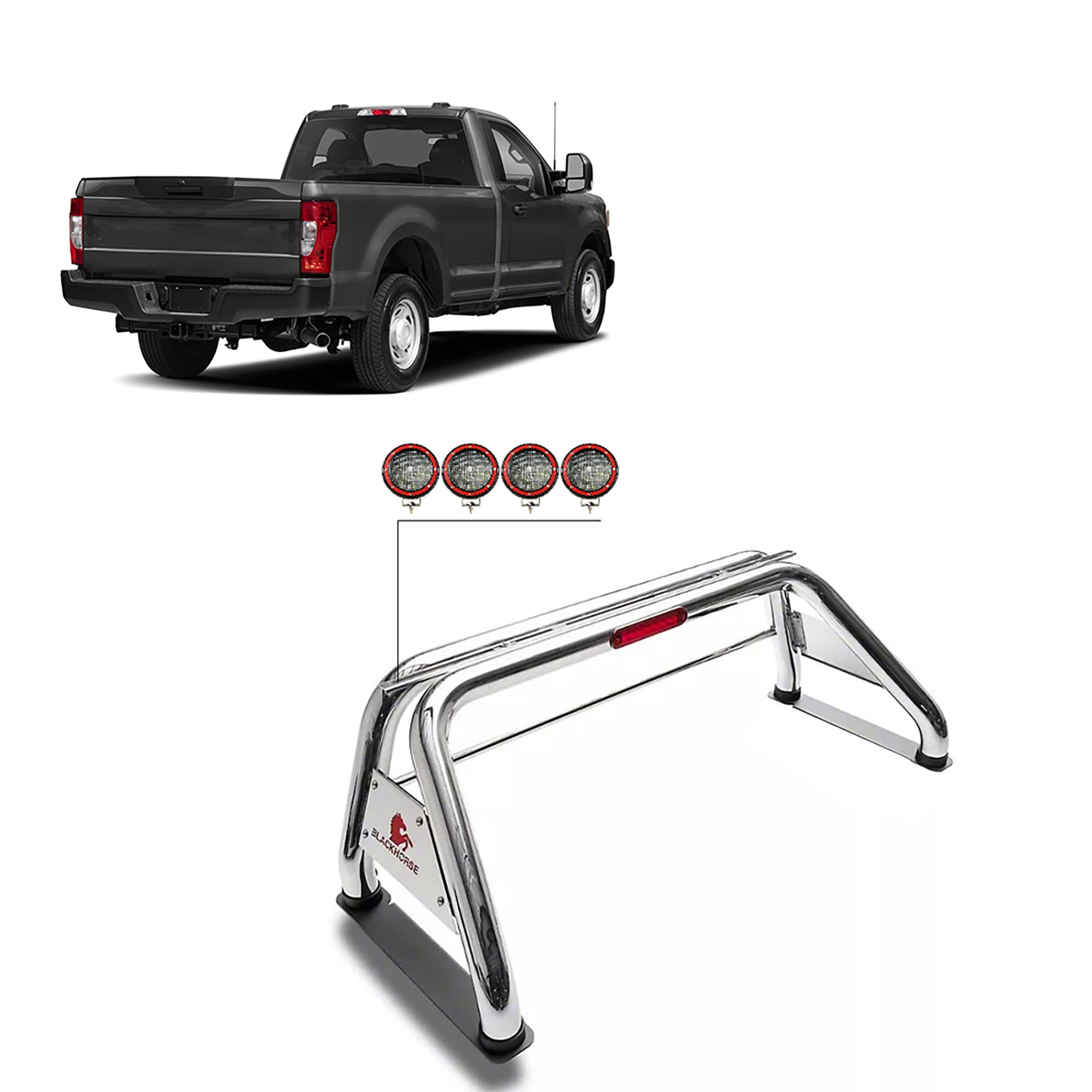 Classic Black Horse Roll Bar Incl. Set of 5.3" Dia.LED Lights w/Red Trim Rings Stainless Steel Compatible with 99-22 Ford F-250 Super Duty|99-22 Ford F-350 Super Duty|99-22 Ford F-450 Super Duty