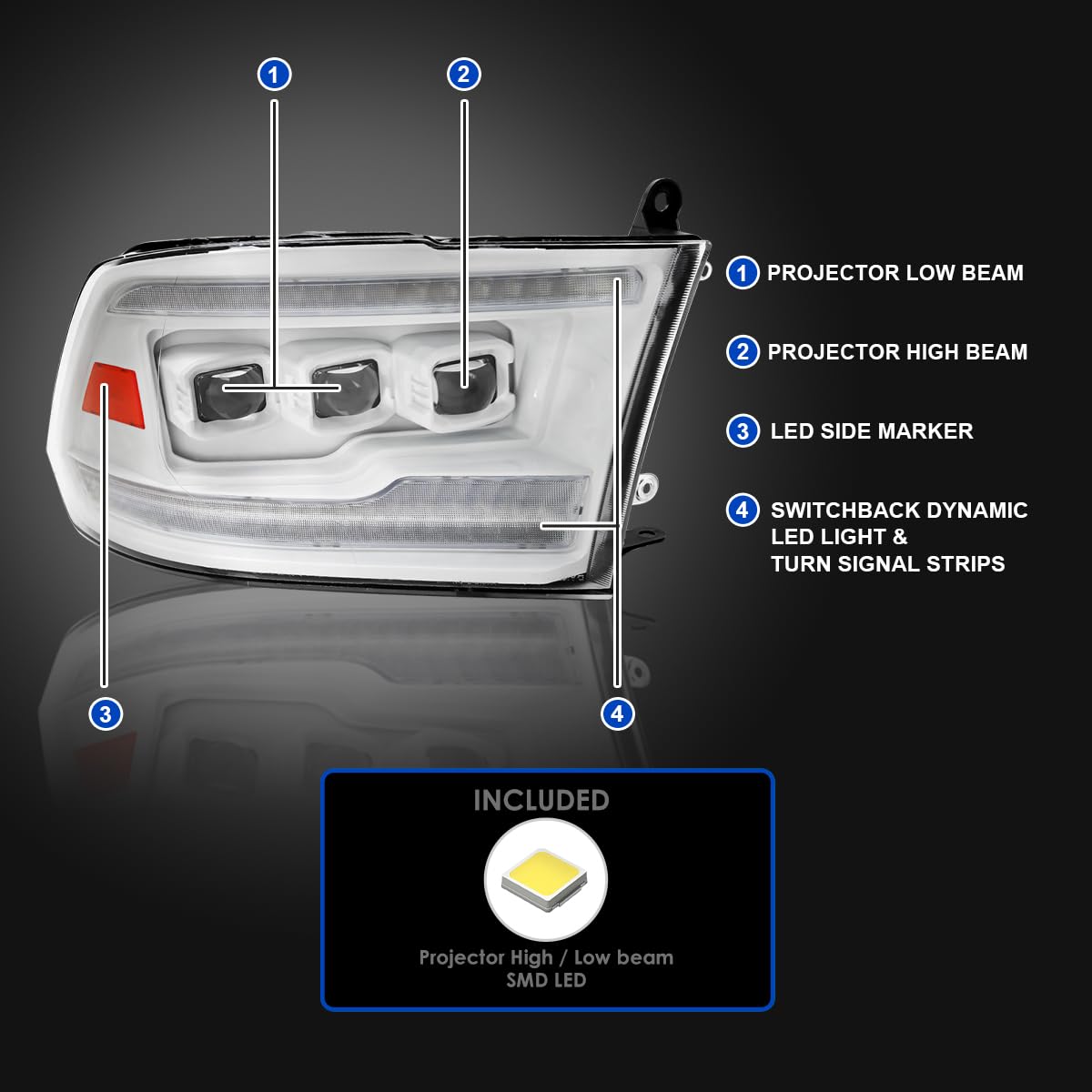 Special Edition SPEC-D TUNING Arctic White Full LED Switchback Sequential Projector Headlights Compatible with 2009-2019 Dodge Ram 1500, 2010-2019 Ram 2500/3500, Left + Right Pair Headlamps Assembly
