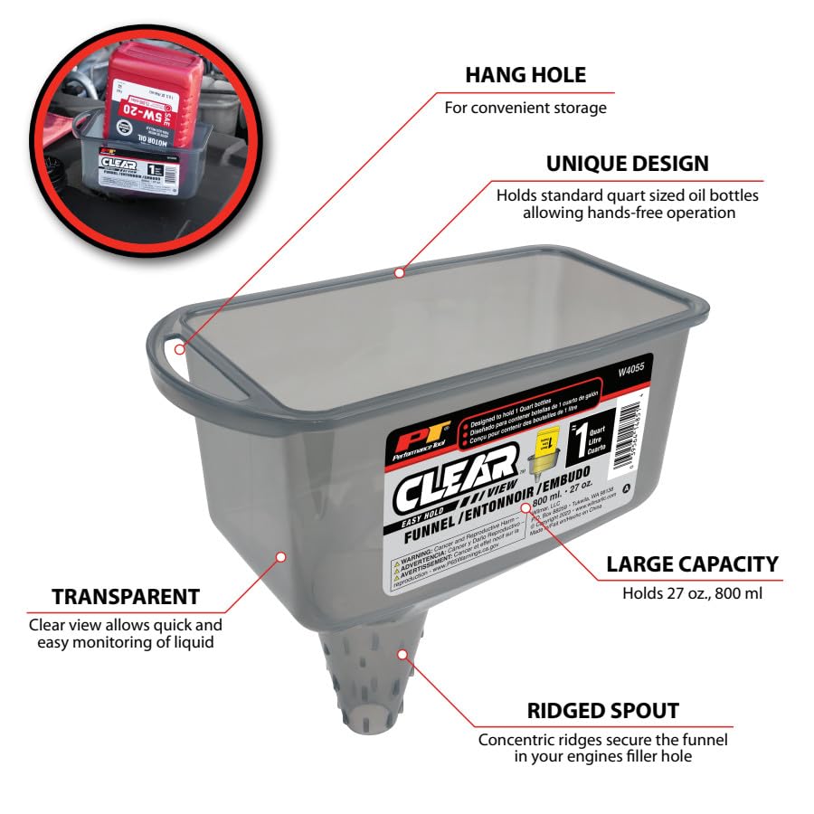 W4055 Performance Tool Clear View Easy Hold Funnel 2 Pint - Hands-Free Oil Changes, Secure Fit, Easy Monitoring
