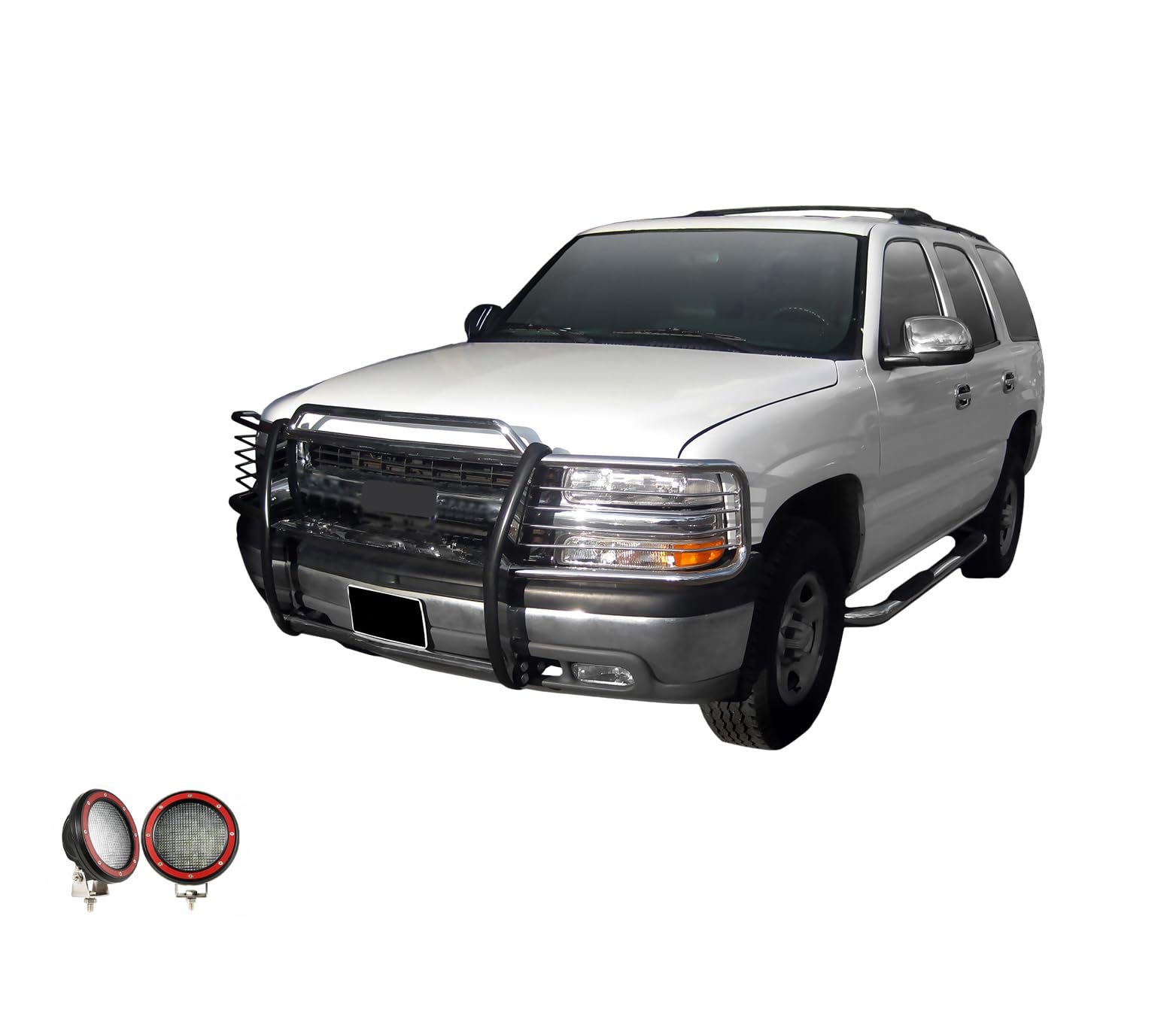 Grille Brush Black Horse Bumper Guard Modular S/S Come with Pair of 5.3" LED Lights Compatible with 1999-2002 Silverado 1500|2000-2006 Suburban 1500/Tahoe/Yukon/Yukon XL 1500-17GT23MSS-PLFR