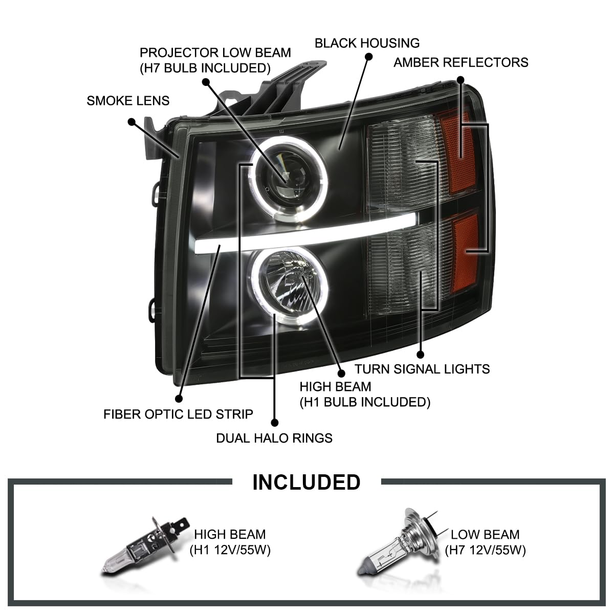 Black Smoke LED Dual Halo Projector Headlights SPEC-D TUNING Compatible with 2007-2013 Chevy Silverado 1500, 2007-2014 Silverado 2500 3500, Left + Right Pair Headlamps Assembly
