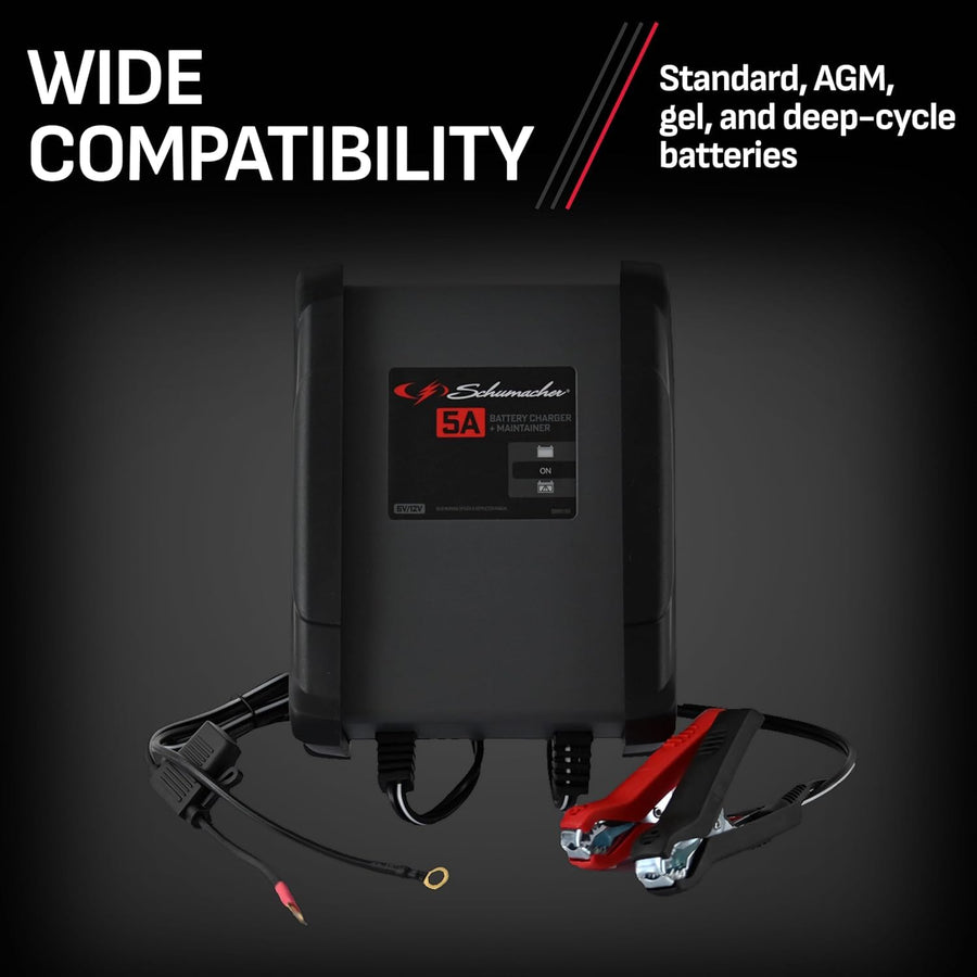6V / 12V Schumacher Electric Battery Charger & Maintainer - Multi-Stage Smart Charging with Quick-Connect Clamps - Fully Automatic 5A Car Battery Charger for Motorcycles, Lawn Mowers & More - SC1609