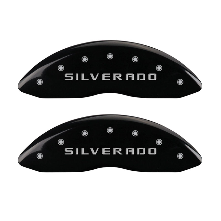 MGP Caliper Covers Front 14238FSILBK Black Powder Coat Finish, Set of 2 (Silverado, Silver Characters, Engraved)