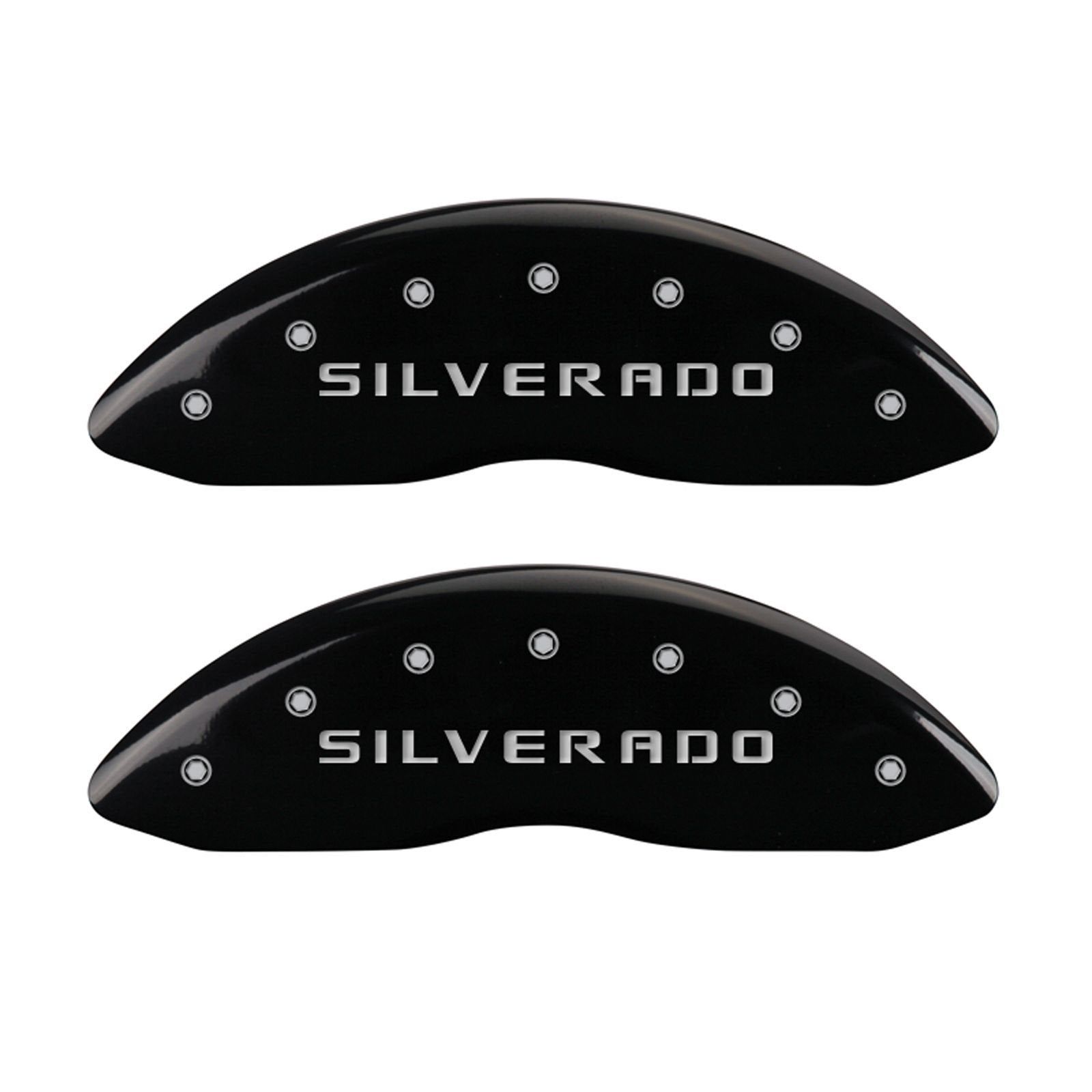 MGP Caliper Covers 'SILVERADO' 14048SSILBK Engraved Caliper Cover with Black Powder Coat Finish and Silver Characters, (Set of 4)