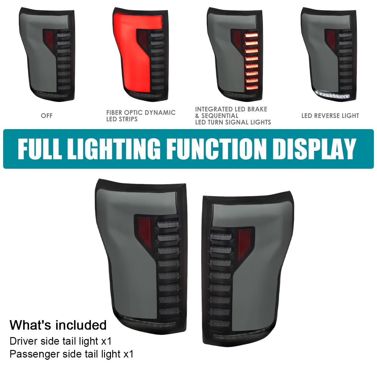 Black Smoke SPEC-D TUNING Lightning Style LED Tail Lights w/White LED Sequential Turn Signal and Startup Animation Compatible with 2015-2017 Ford F150, Left + Right Pair Assembly