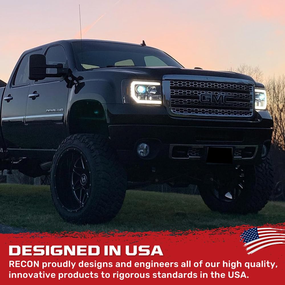 RECON - Projector Headlights Fits 2007-2013 Sierra (1500, 2500, 3500) OLED Halos & DRL - Smoked Lens