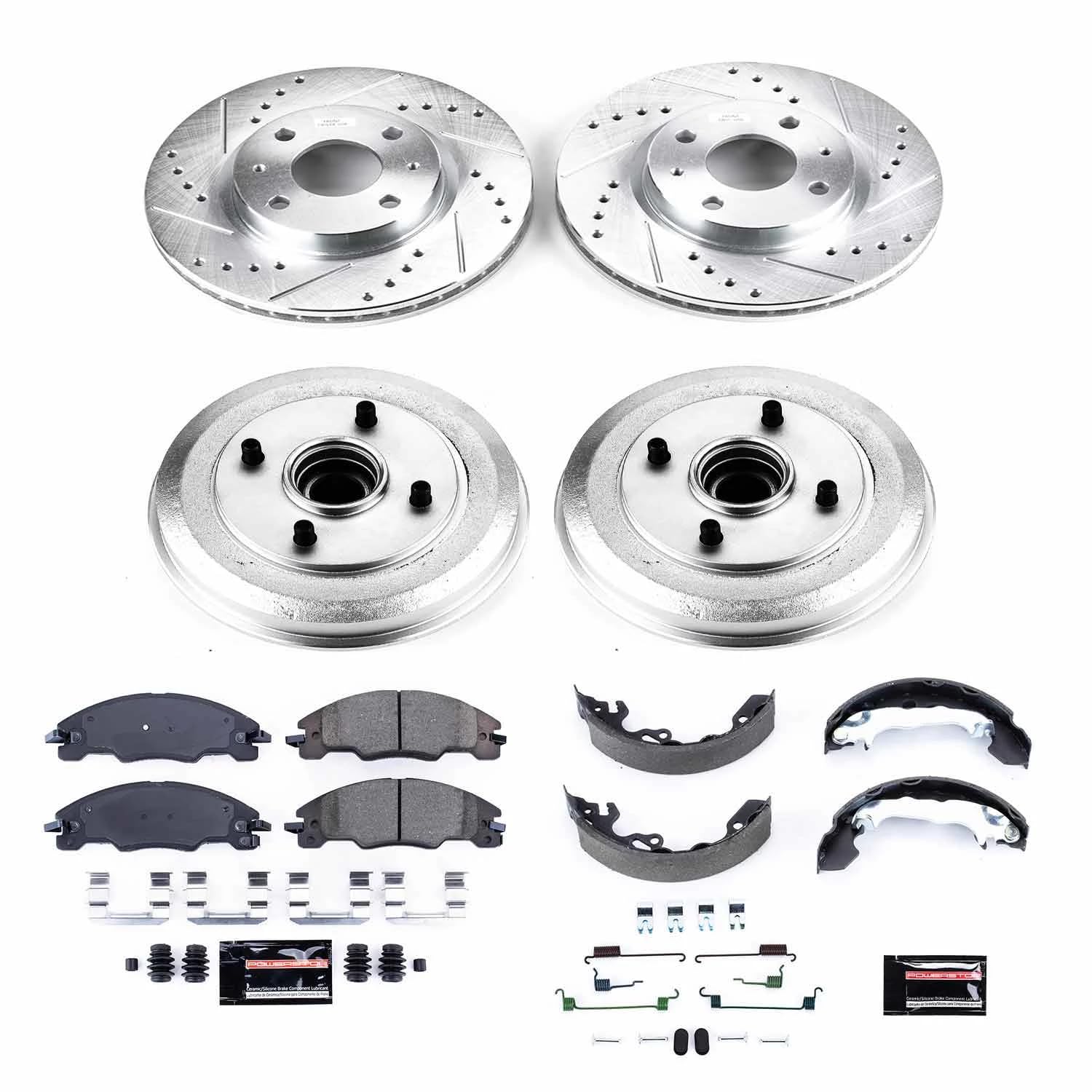 Power Stop K15193DK Z23 Carbon Fiber Brake Pads Front and Rear with Drilled & Slotted Brake Drums Kit For Ford Focus 2008 [Model Specific]