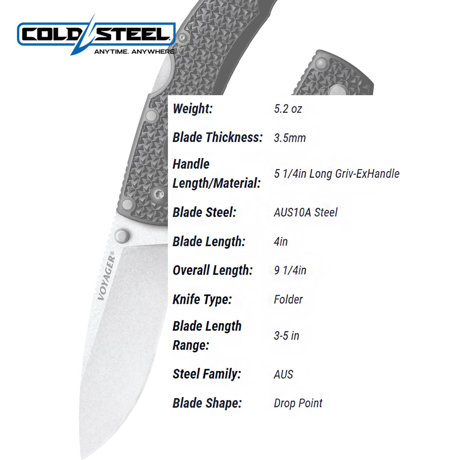 Cold Steel Large Voyager 4" AUS10A Drop Point Razor-Sharp Blade 5.25" Griv-Ex Handle Everyday Carry Tactical Folding Knife w/Tri-Ad Lock