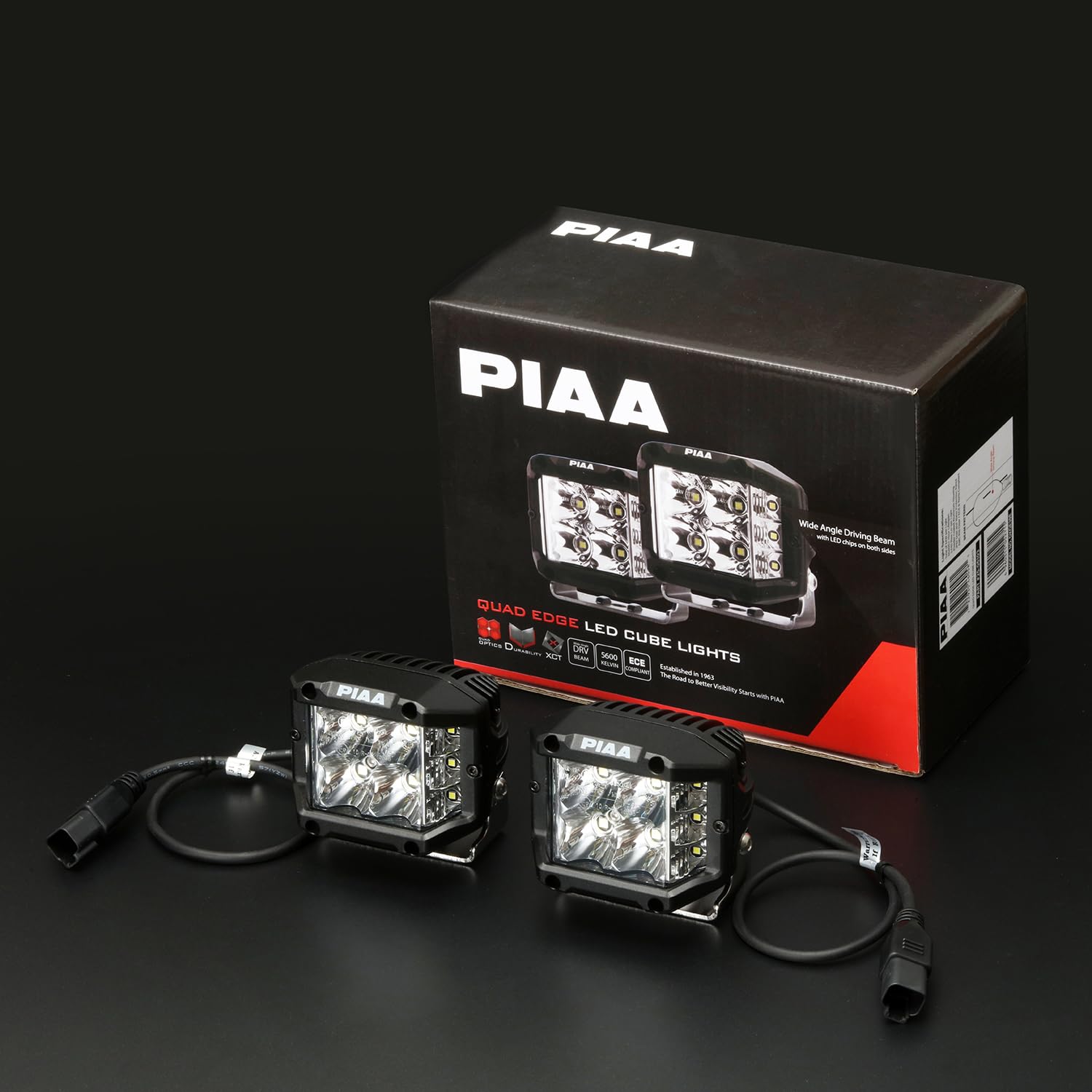 PIAA LED DKQE39E Wide Angle Driving Light Distribution 5600K [QUAD EDGE LED CUBE LIGHTS] 2 Pack 12V/24W IPX7 Compliant ECE Standard