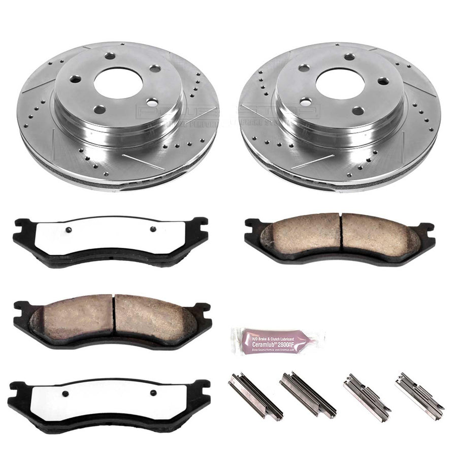 Power Stop Brake Kit Front For 2003 2004 2005 Dodge Ram 1500 - Truck & Tow Carbon Fiber Ceramic Pads & Drilled and Slotted Rotors Replacement, K2167-36