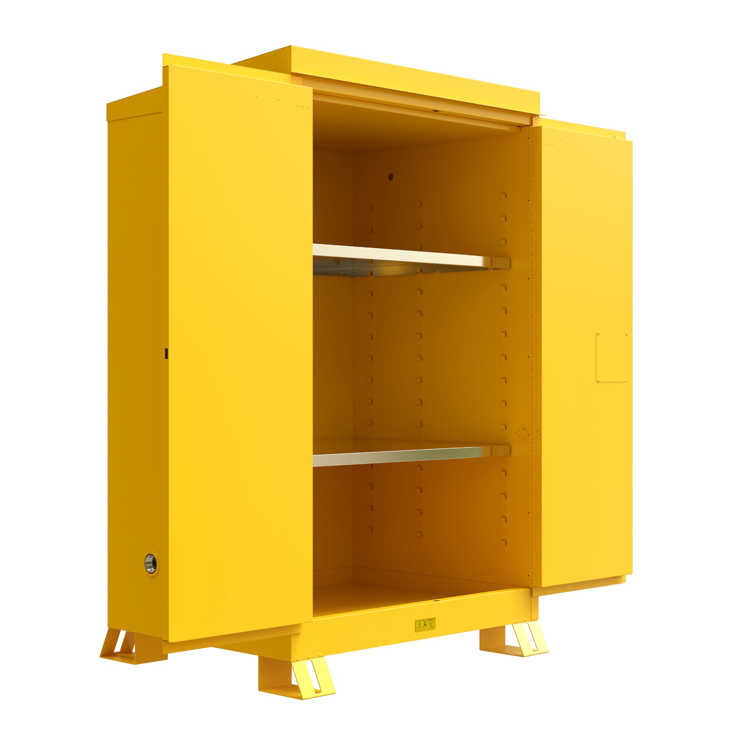 Justrite Outdoor Reinforced Steel Flammable Liquid Storage Cabinet, 2 Shelves with 350 lb. Capacity, 2 Manual-Close Door Fire Cabinet, 90 Gallon, 72" x 43" x 38", Yellow, 819000