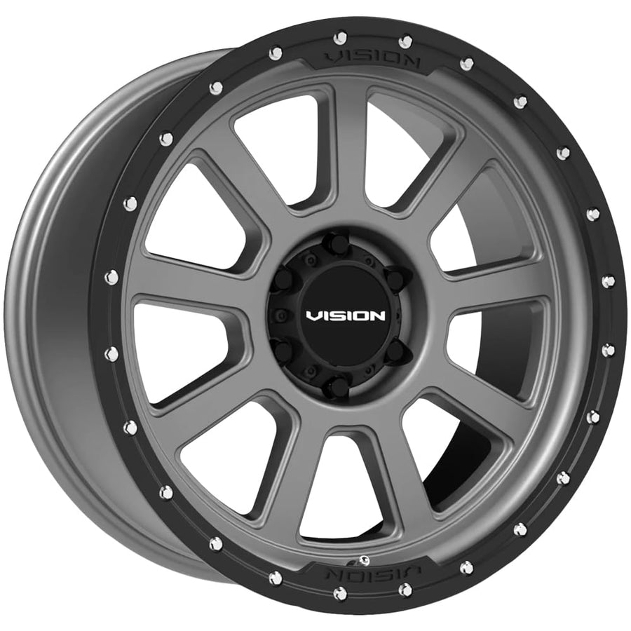 350 OJOS Vision Custom Wheel - 18x9, 12 Offset, 6x139.7 Bolt Pattern, 106.2mm Hub - Satin Gray with Satin Black Lip Rim