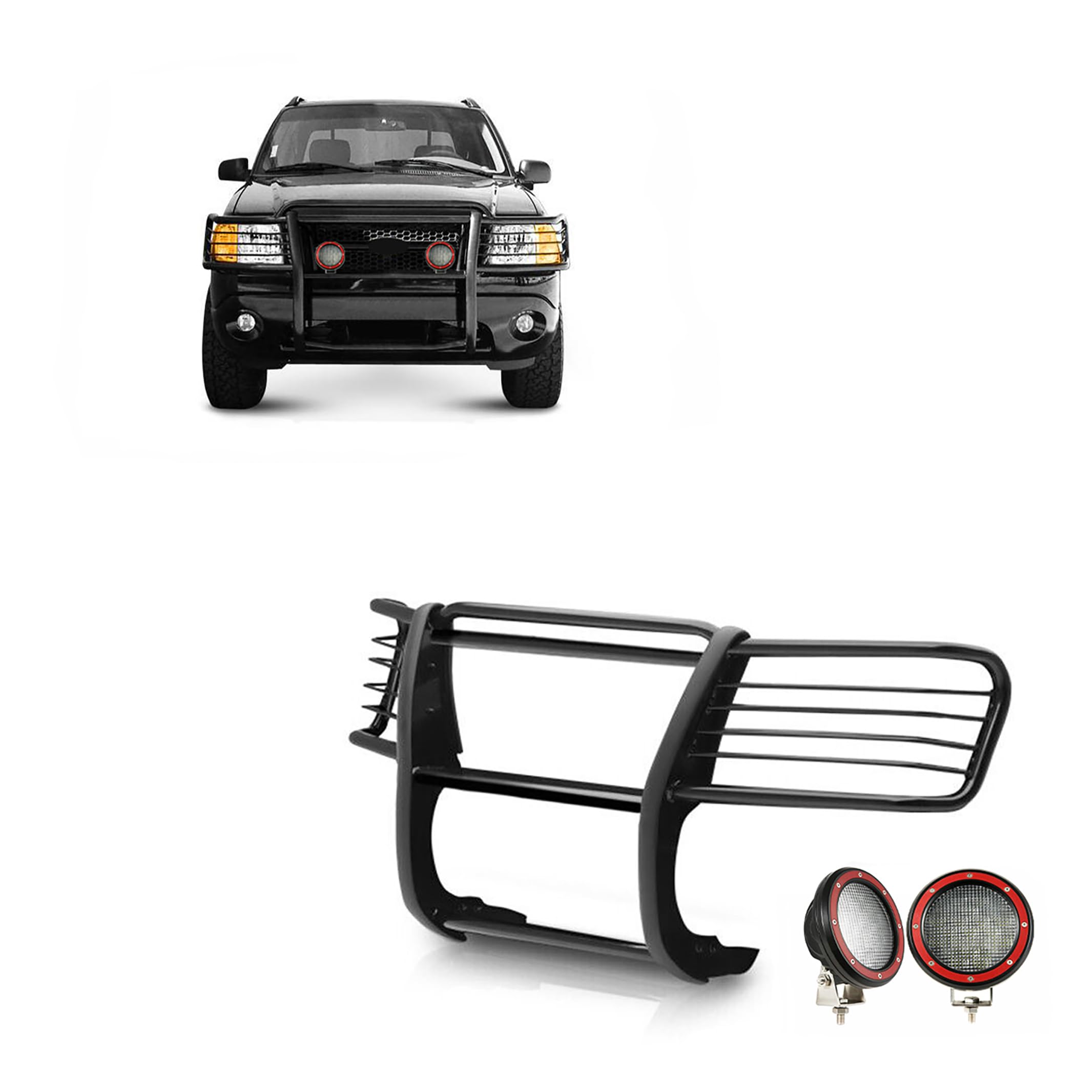 Bumper Guard Black Horse Grille brush Modular Come With Pair of 5.3" Dia.LED Lights with Red Trim Rings Compatible with 2002-2005 Ford Explorer-17FJ26MA-PLFR