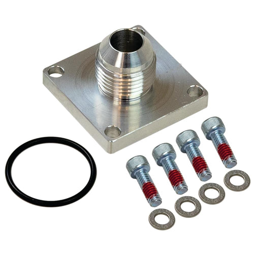 Square Base Moroso 22751 Dry Sump Fitting w/ 4 Bolt Flange, #8AN Male