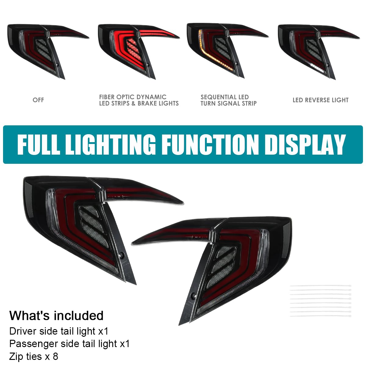 Glossy Black Smoke SPEC-D TUNING Tail Lights w/Red LED Bars, Sequential LED Turn Signal, and Startup Animation Compatible with 2016-2021 Honda Civic 4-Door Sedan, Left + Right Pair Assembly